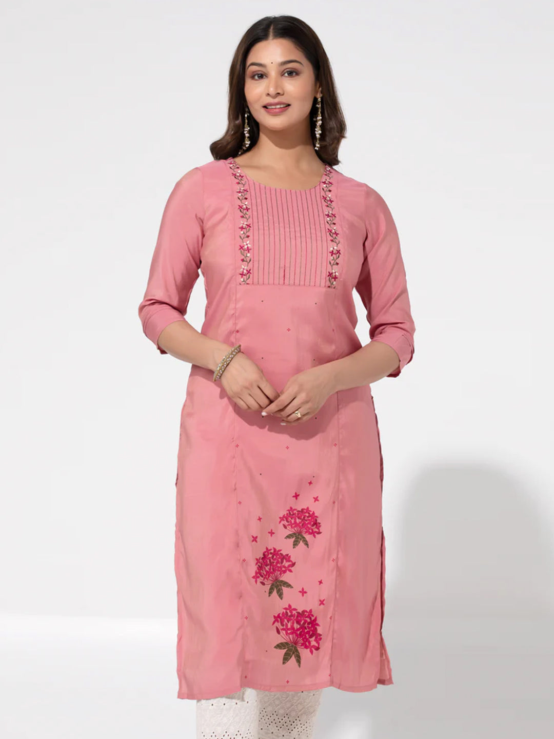 Pink Linen Straight Kurta with Floral Print & Embroidered Yoke