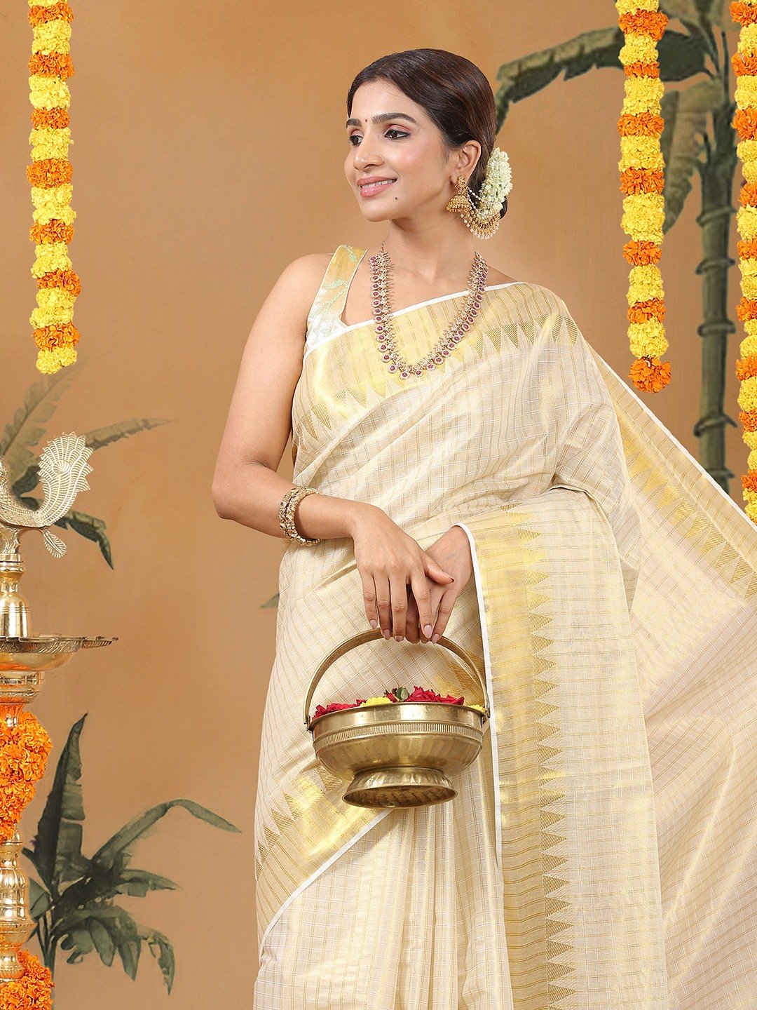 Kalyan Silks Golden Tissue Set Saree with Off White Toned Checked Pattern & Zari Temple Near Kasavu Border
