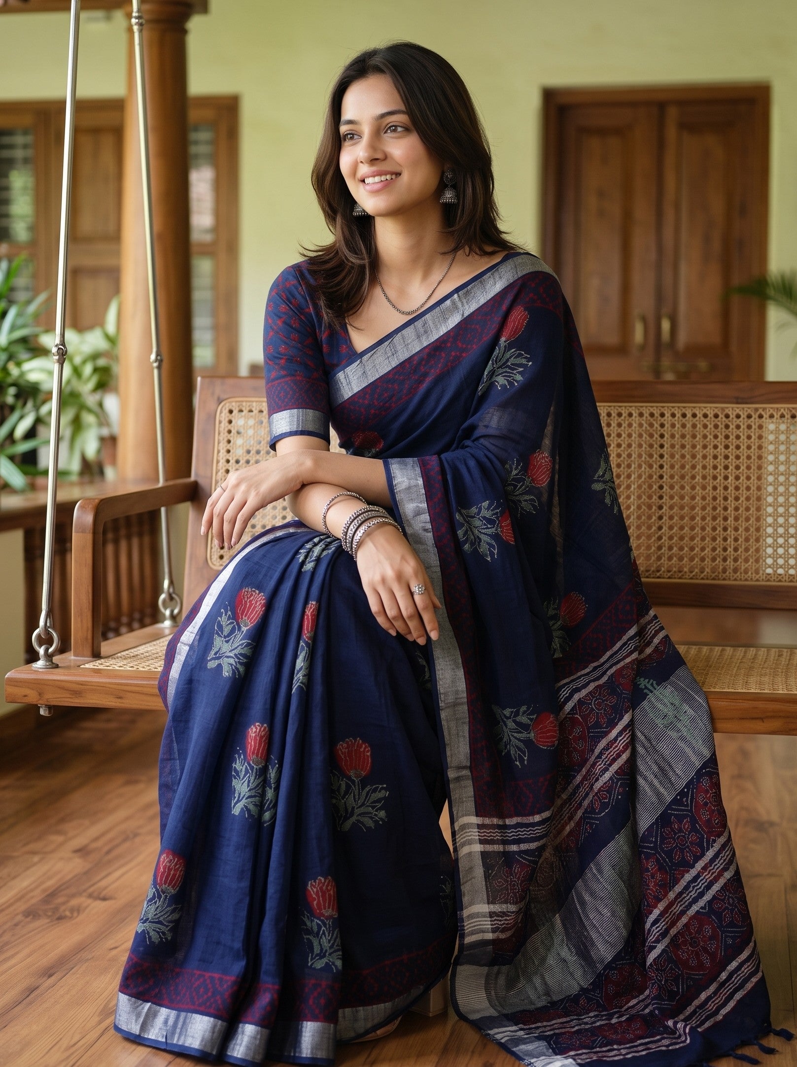 A woman seated on a wooden porch swing wearing a navy blue saree with red floral motifs and gray border stripes, in a warm indoor setting with wooden furniture and doors.