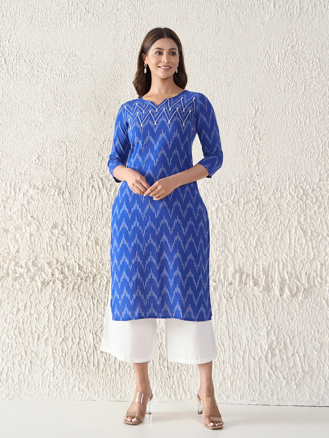 Ikkat Weave & Embroidered Cotton Blue Kurta