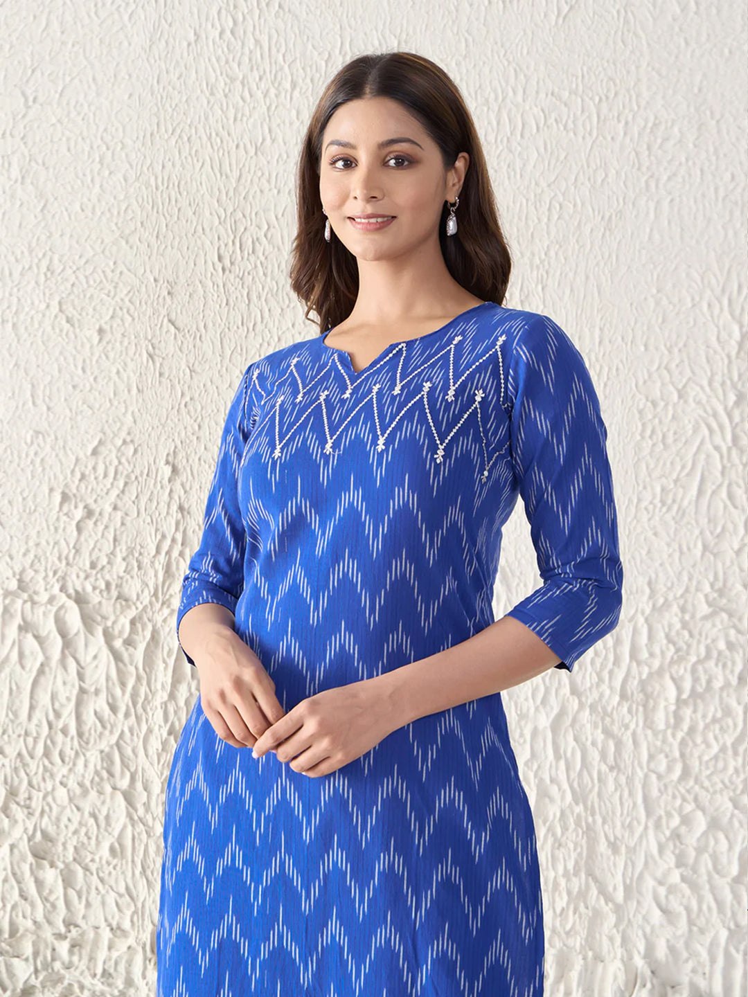 Ikkat Weave & Embroidered Cotton Blue Kurta