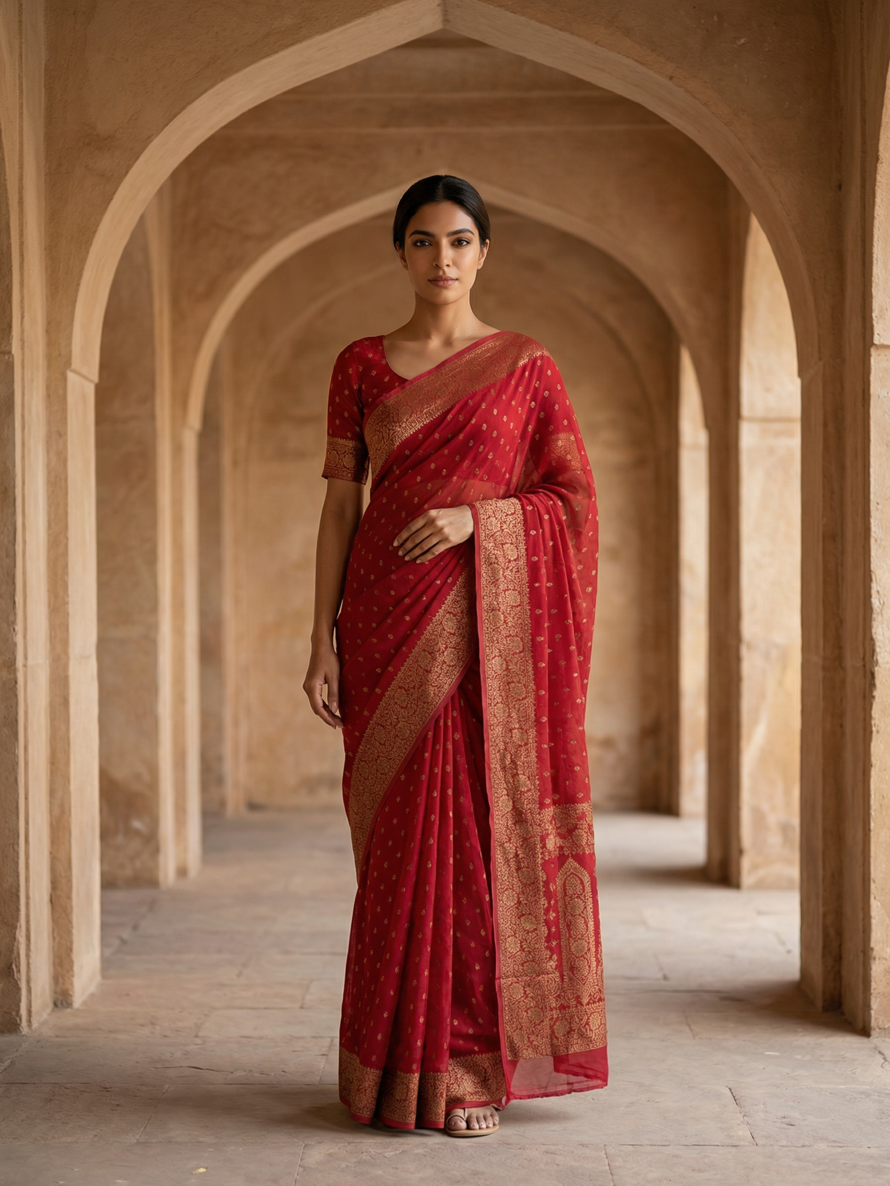 Georgette Banarasi  Chili Red Traditional Butta Saree
