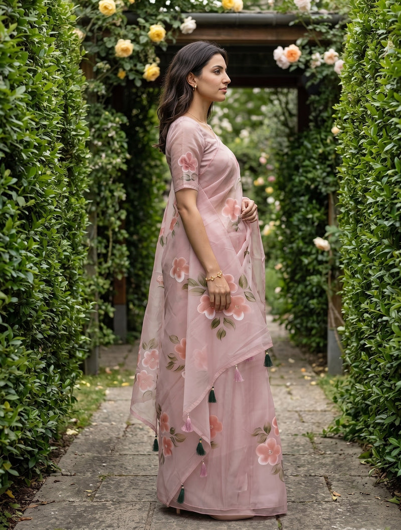 A woman wearing a dusty pink floral printed saree stands in profile on a stone path surrounded by a lush green garden with rose arches.