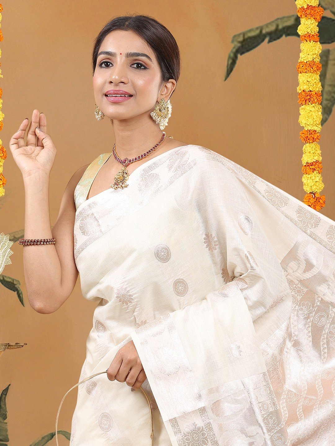 Cotton Off-White Kerala Set Saree with Rose Gold Threadwork and Paisley , Floral Pallu