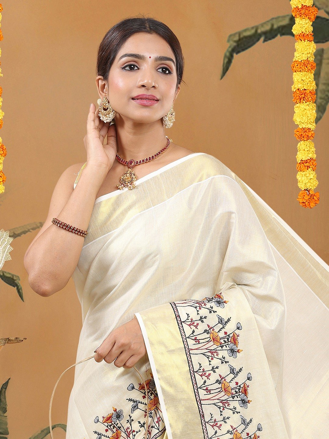 Golden Tissue Kerala Set Saree with Ash-Orange Floral Embroidery and Golden Kasavu Pallu