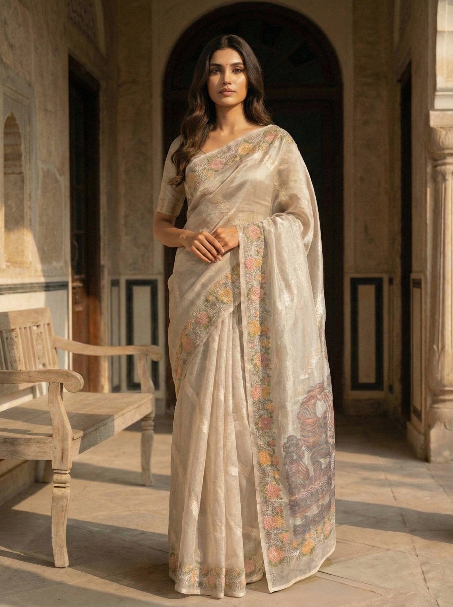 Premium Beige Tissue Designer-Net Kota Saree with Meena Floral Woven Border & Artistic Pallu