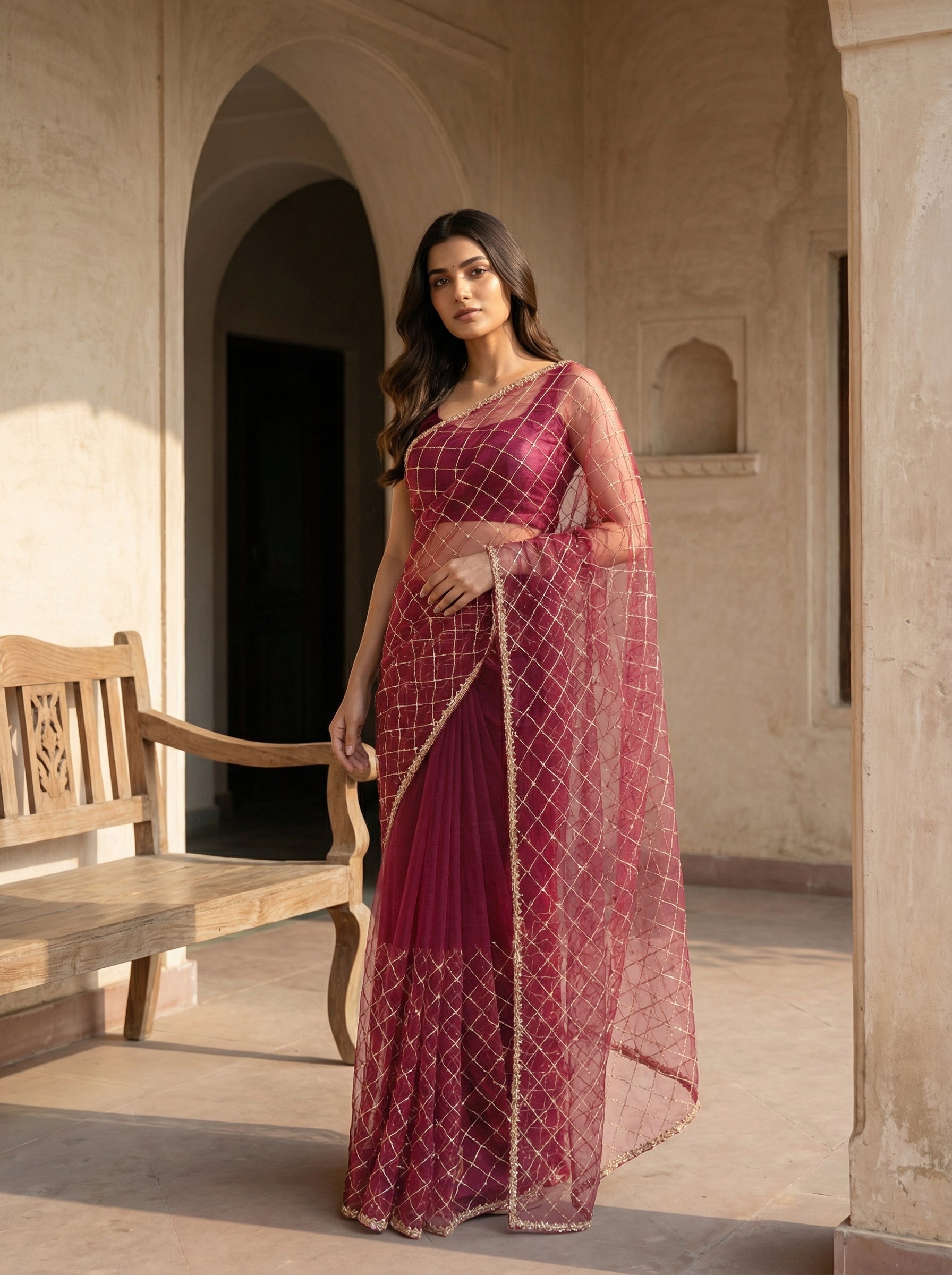 Maroon Designer Net Saree with Heavy Golden Lattice Embroidery & Sequins Work