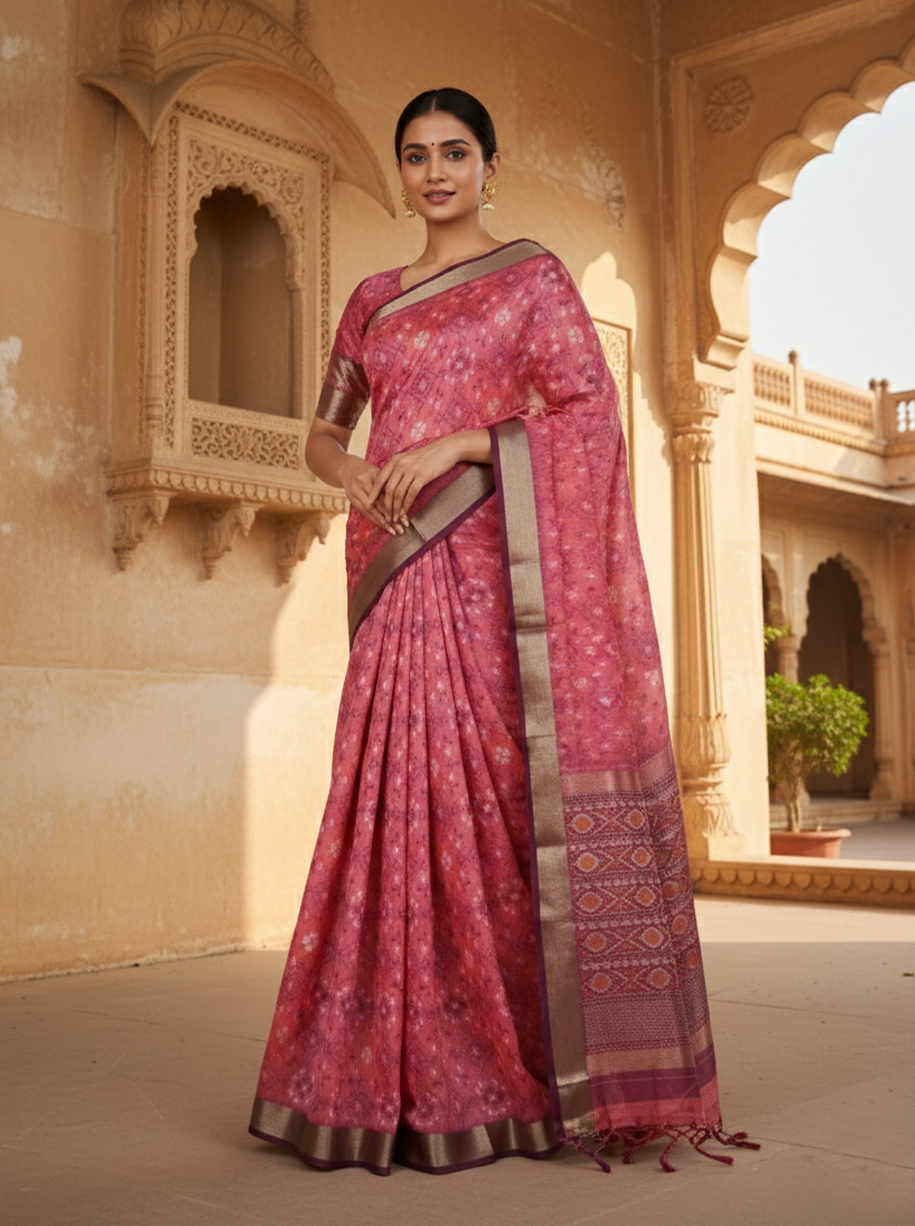 Pink Semi Silk Saree with All-Over Ikat-Inspired Weave and Contrast Zari Border