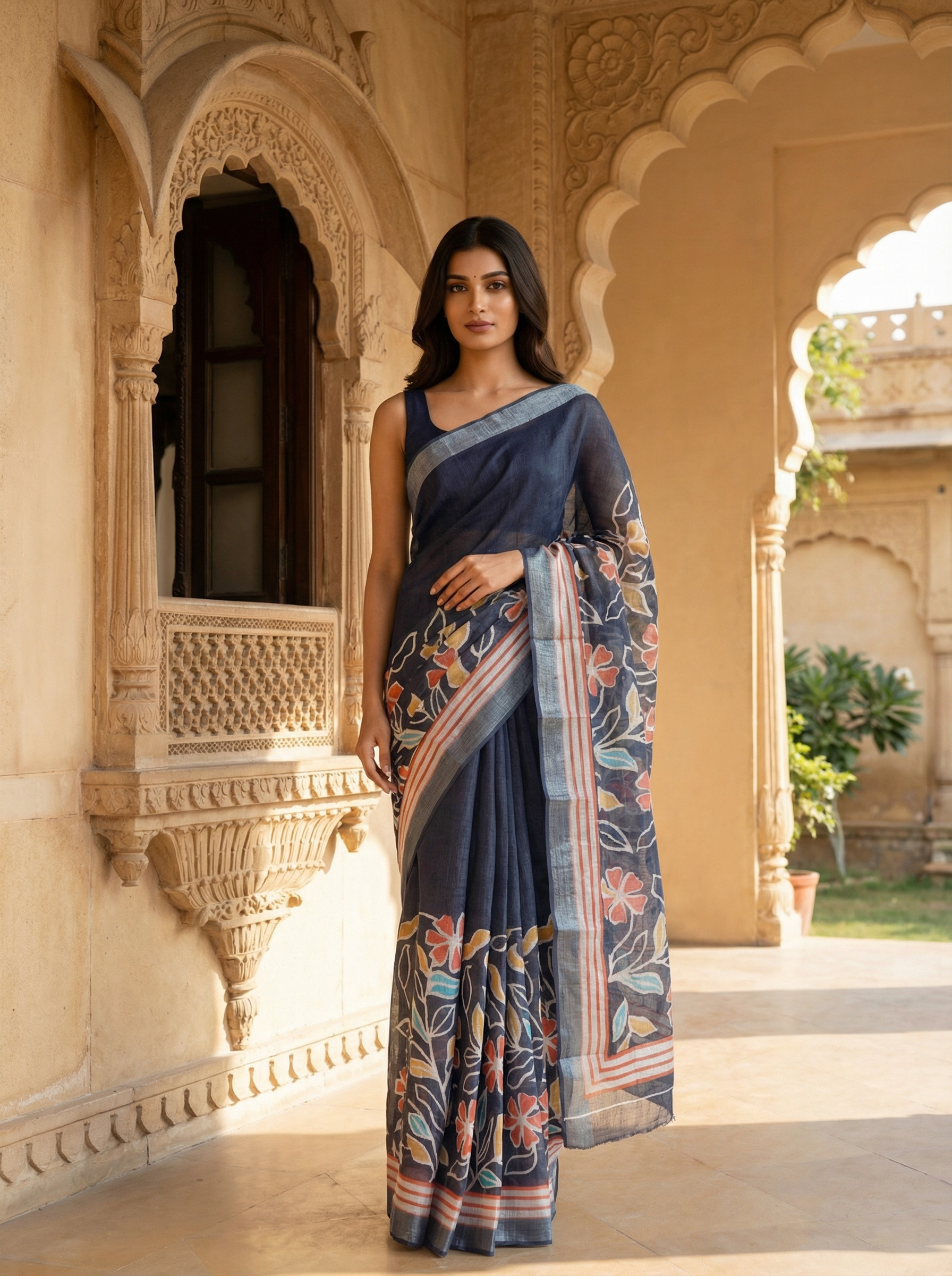 Navy Blue Floral Printed Saree with Contrast Striped Border