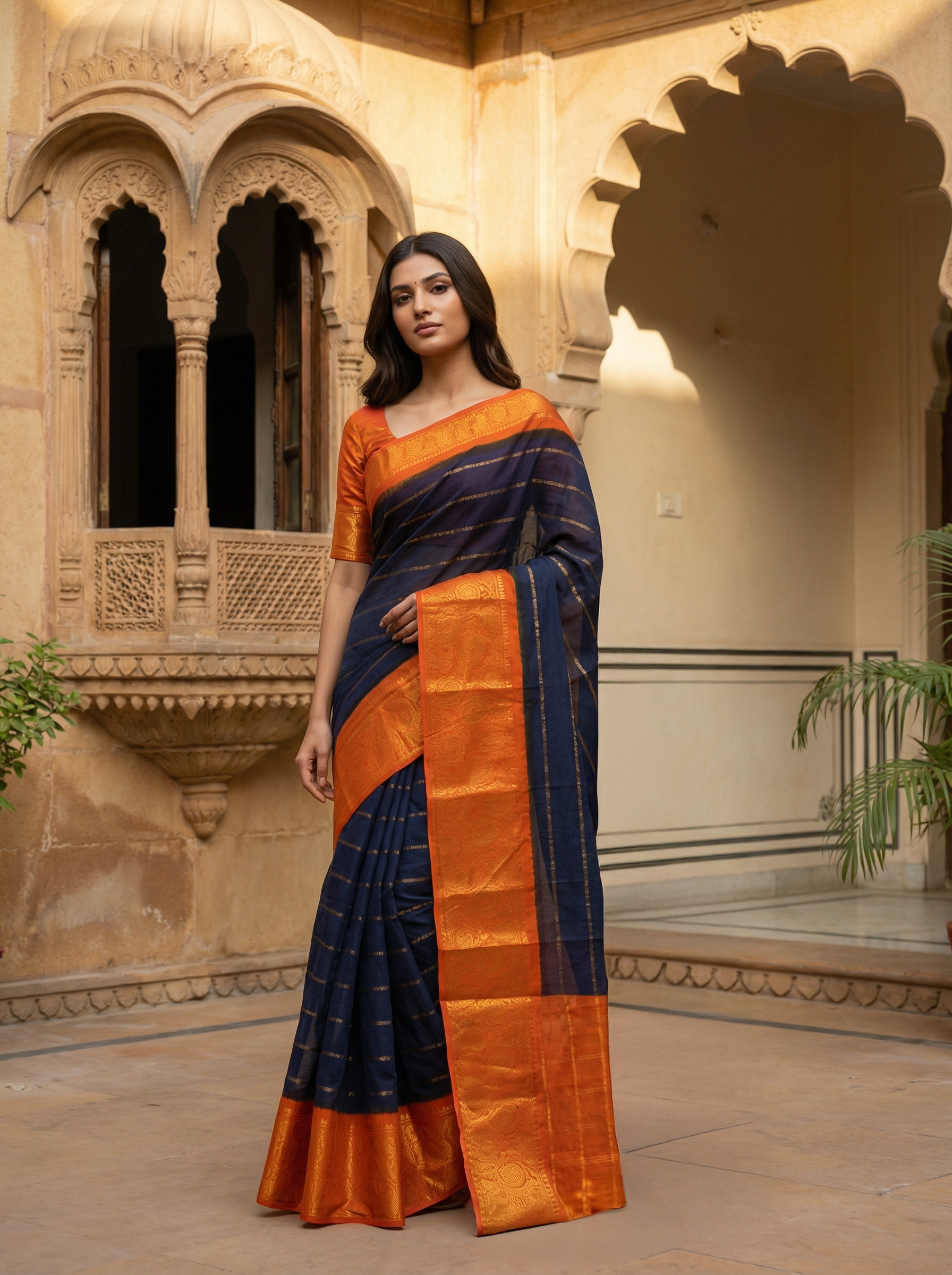 Midnight Blue Cotton Saree with Golden Stripe Weave and Bright Orange Zari Border