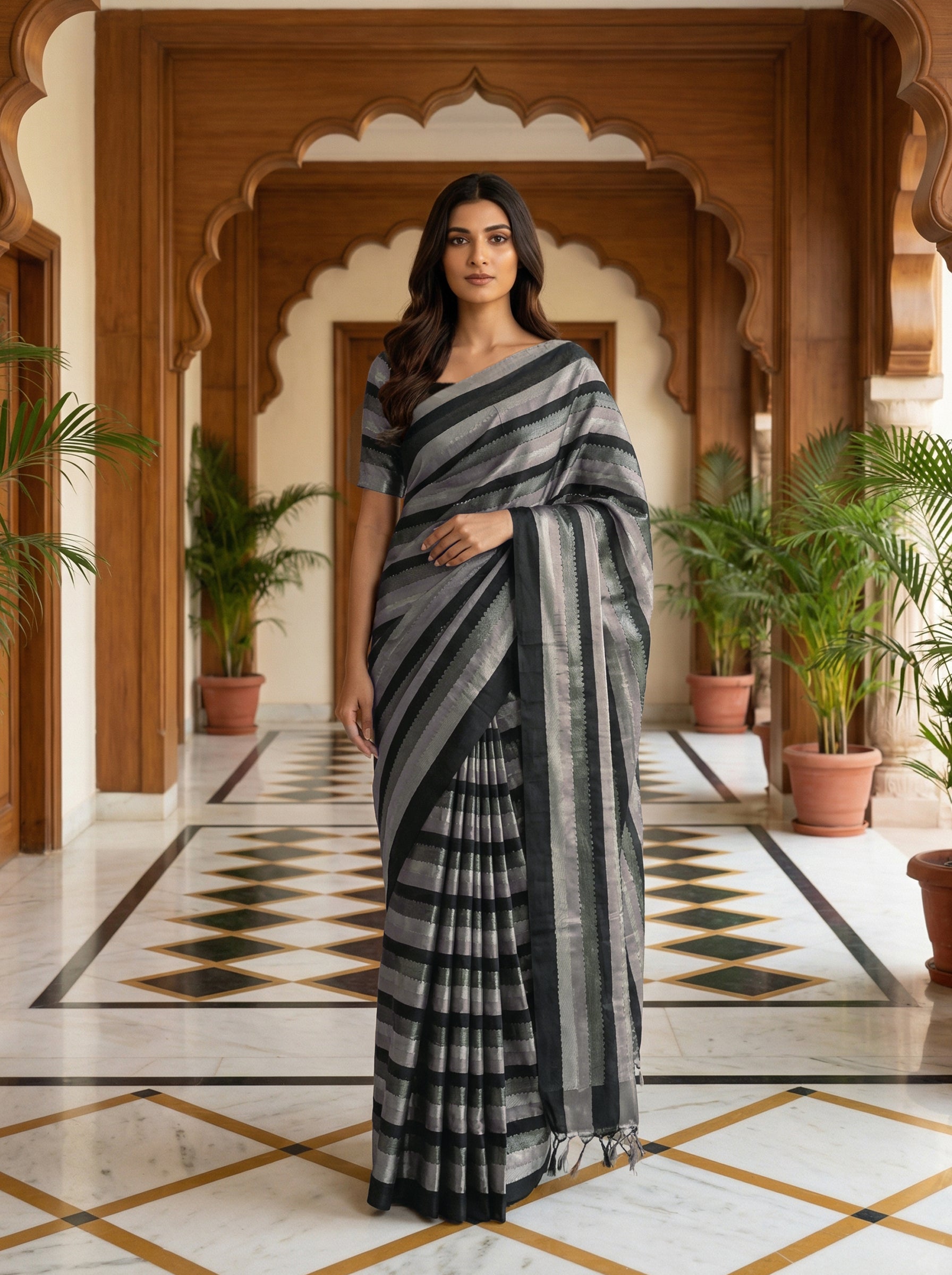 Pure Kancheepuram Silk Saree in Ivory Brown & Black with Silver Zari and Brocade Blouse