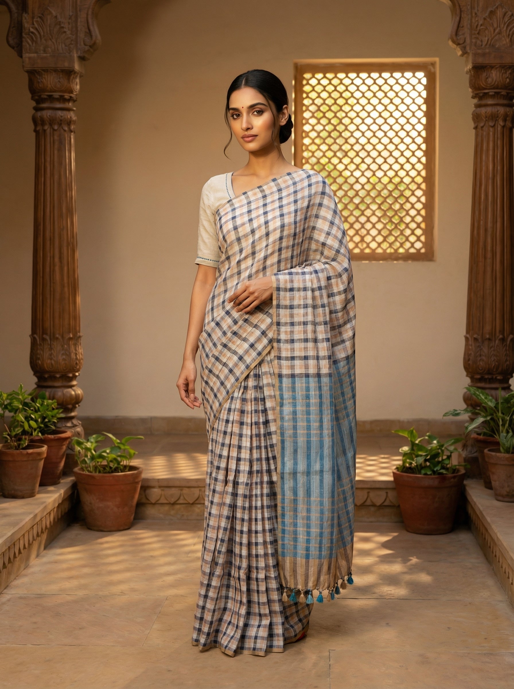 Classic Checked Tusser Silk Saree with Contrast Blue Pallu & Tassels