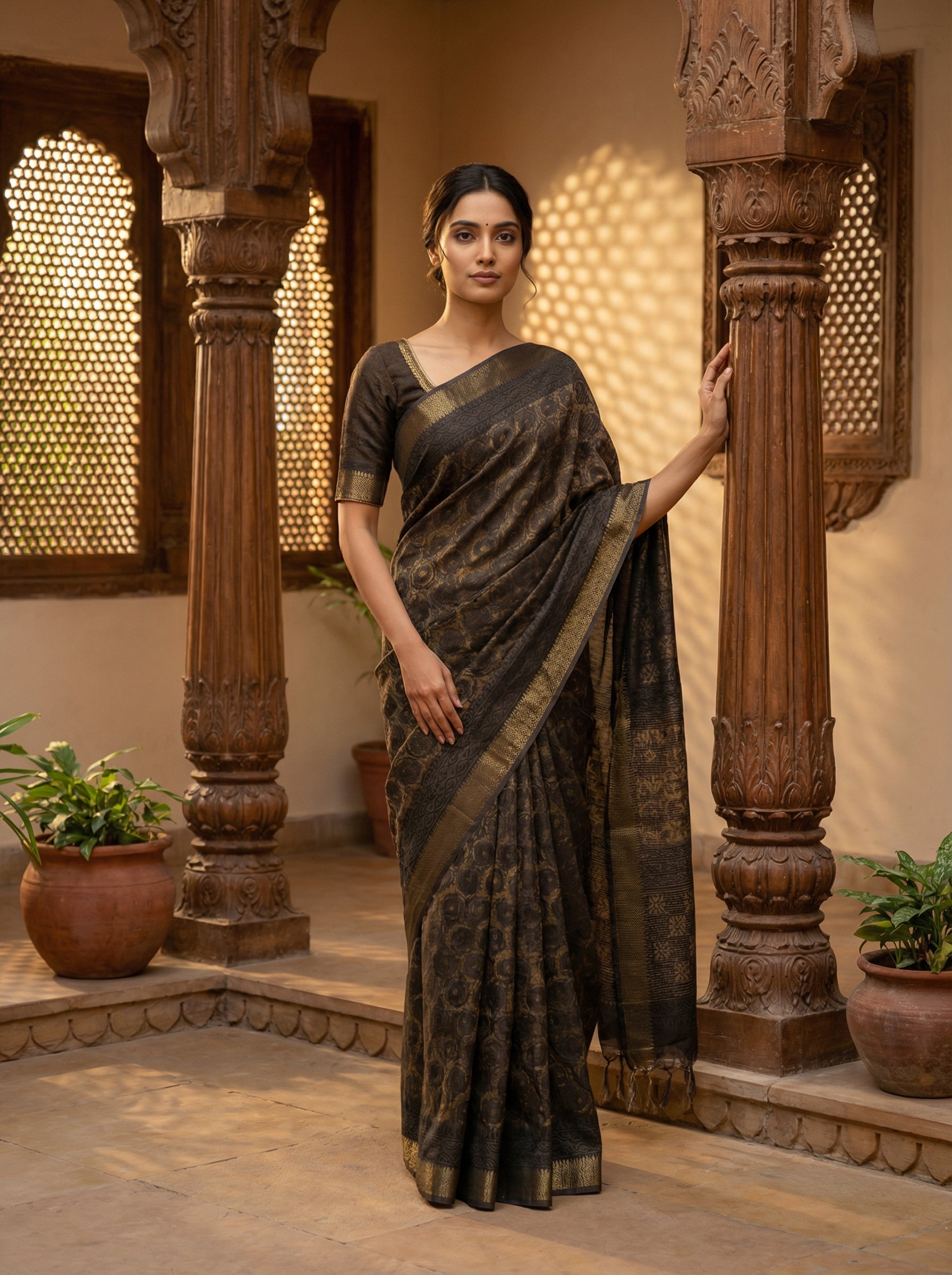 Grey And Balck Printed Semi Tussar Saree