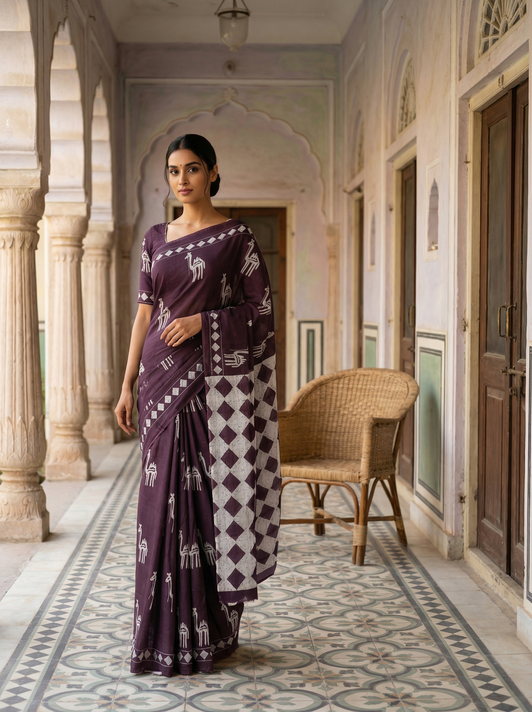 Soft Cotton Saree in Wine Maroon with Tribal Print & Contrast Geometric Pallu
