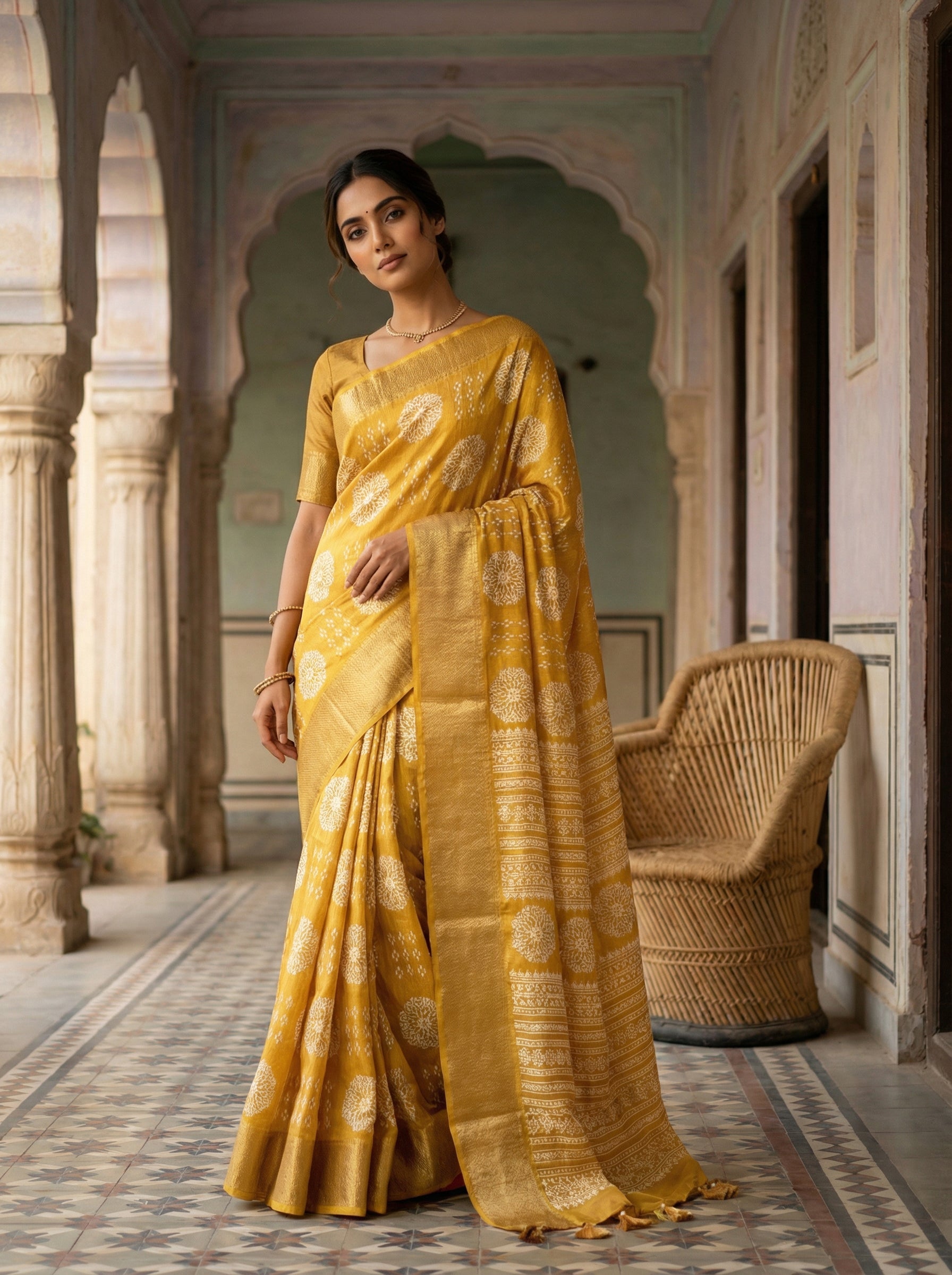Mustard Yellow Printed Saree with Traditional Zari Border