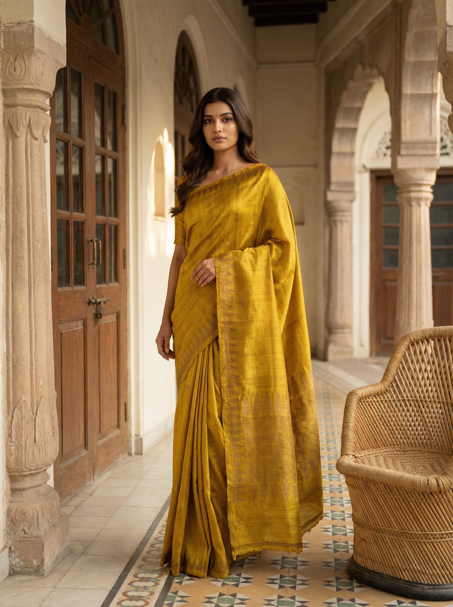 Pure Jute Silk Saree in Saffron Yellow with Leaf Butta & Tree-Designed Border