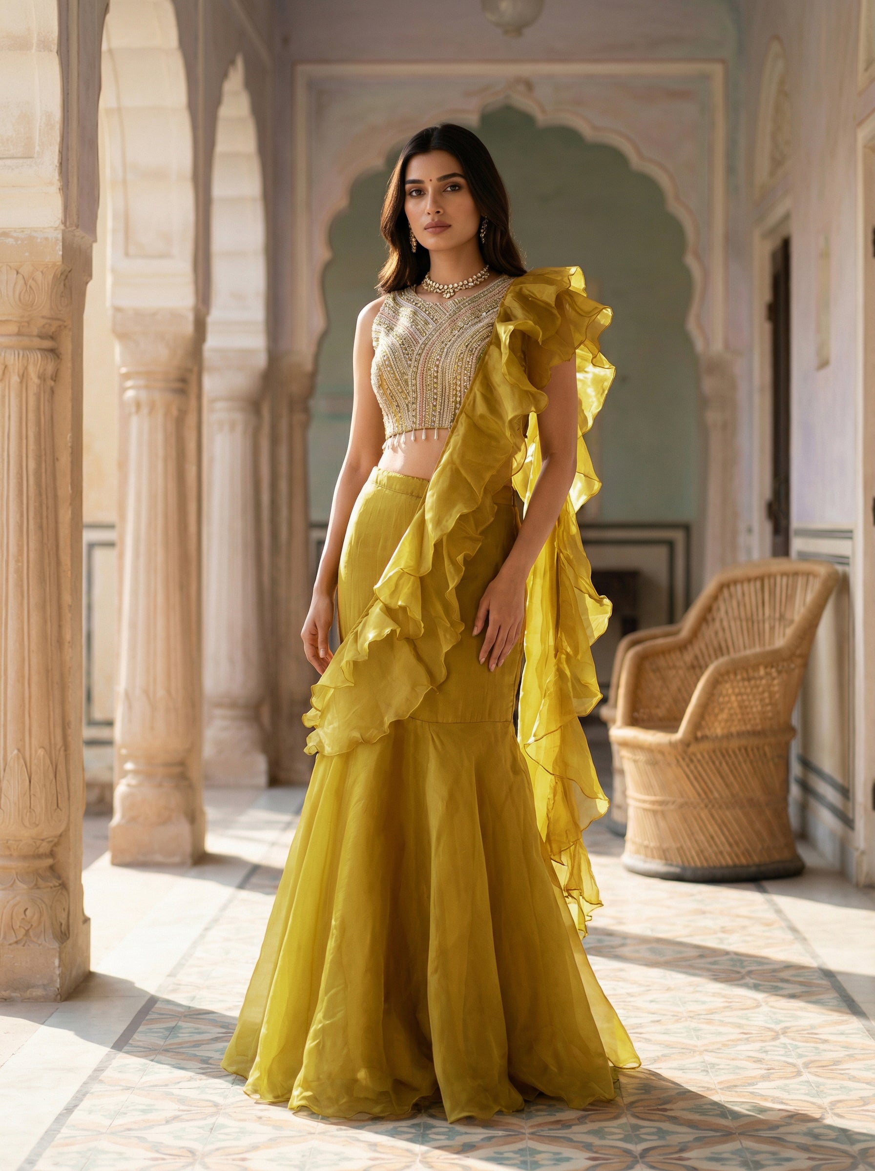 Mustard Yellow Ready-to-Wear Saree with Ruffled Pallu
