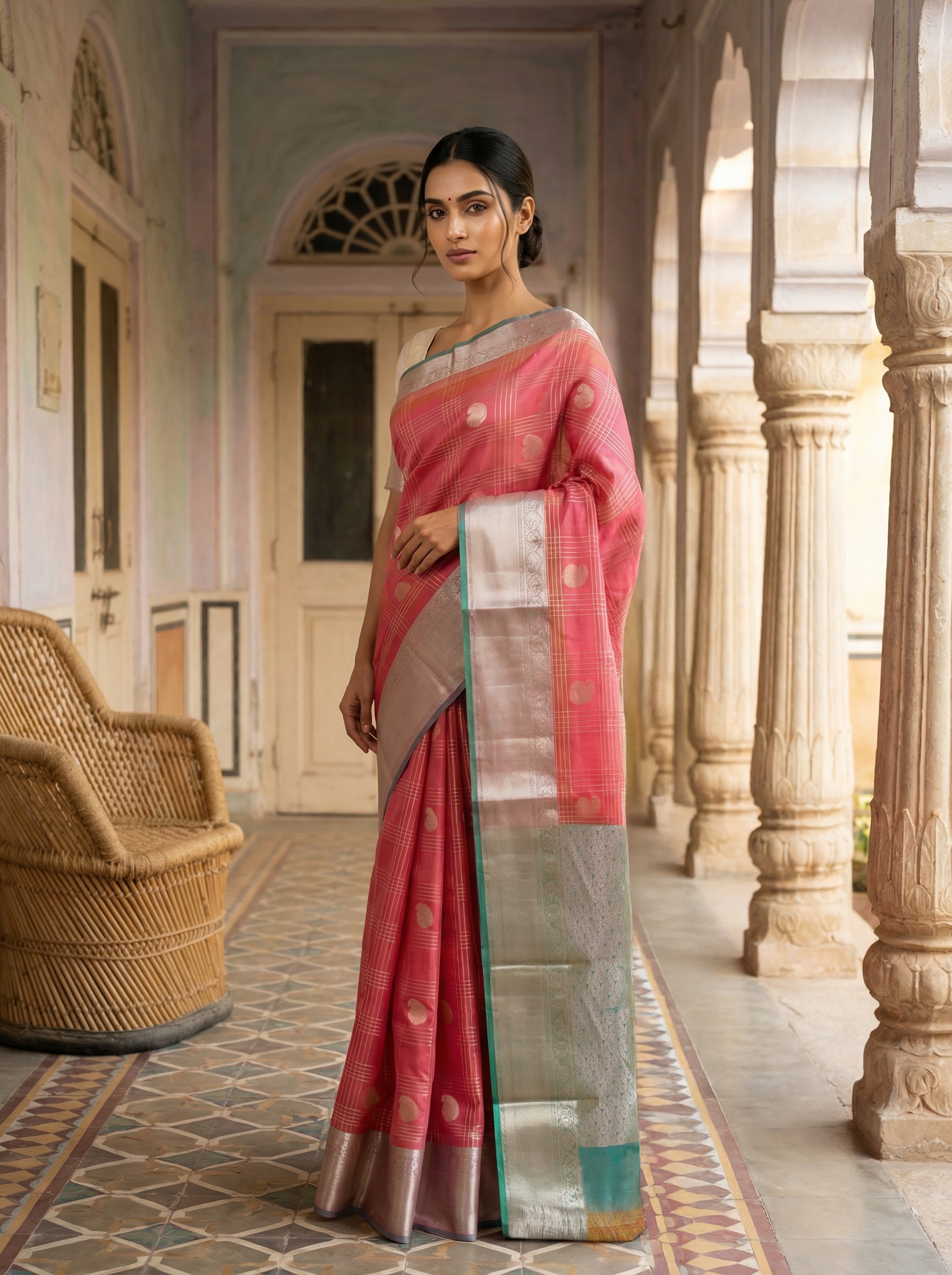 Peach Checked Sayanora Saree With Teal Kasavu Border