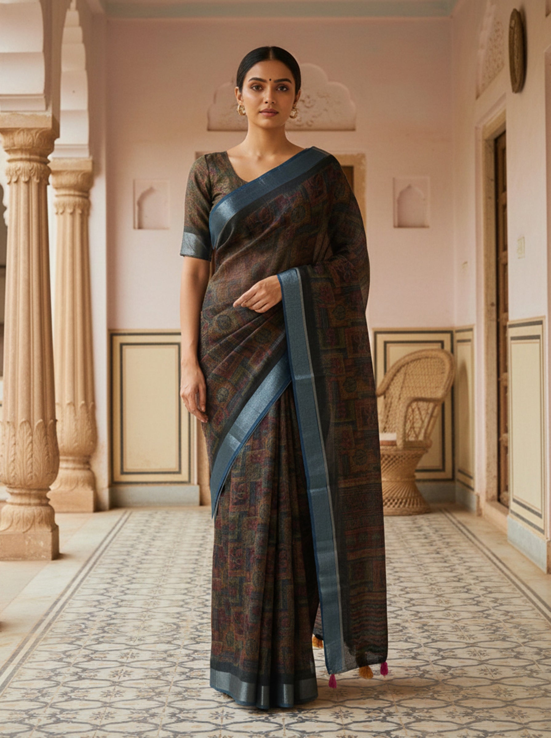 Elegant Multicolour Printed Saree with Contrast Border