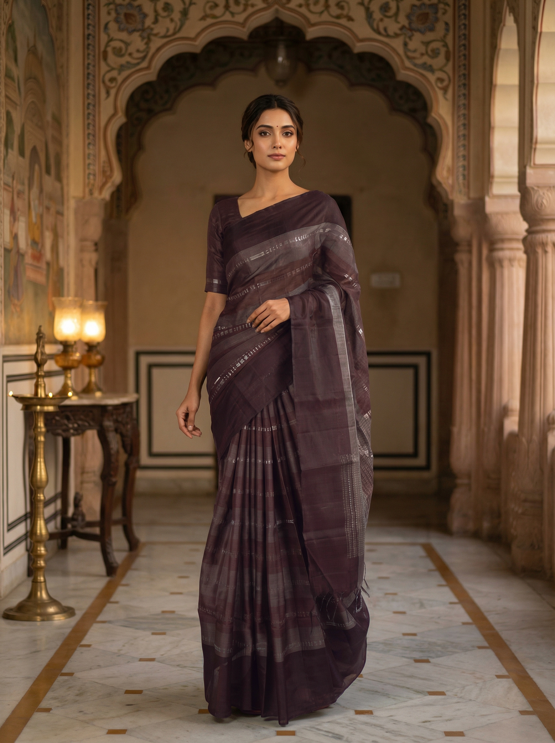Pure Kancheepuram Silk Saree in Espresso Brown & Ivory Brown with Silver Zari