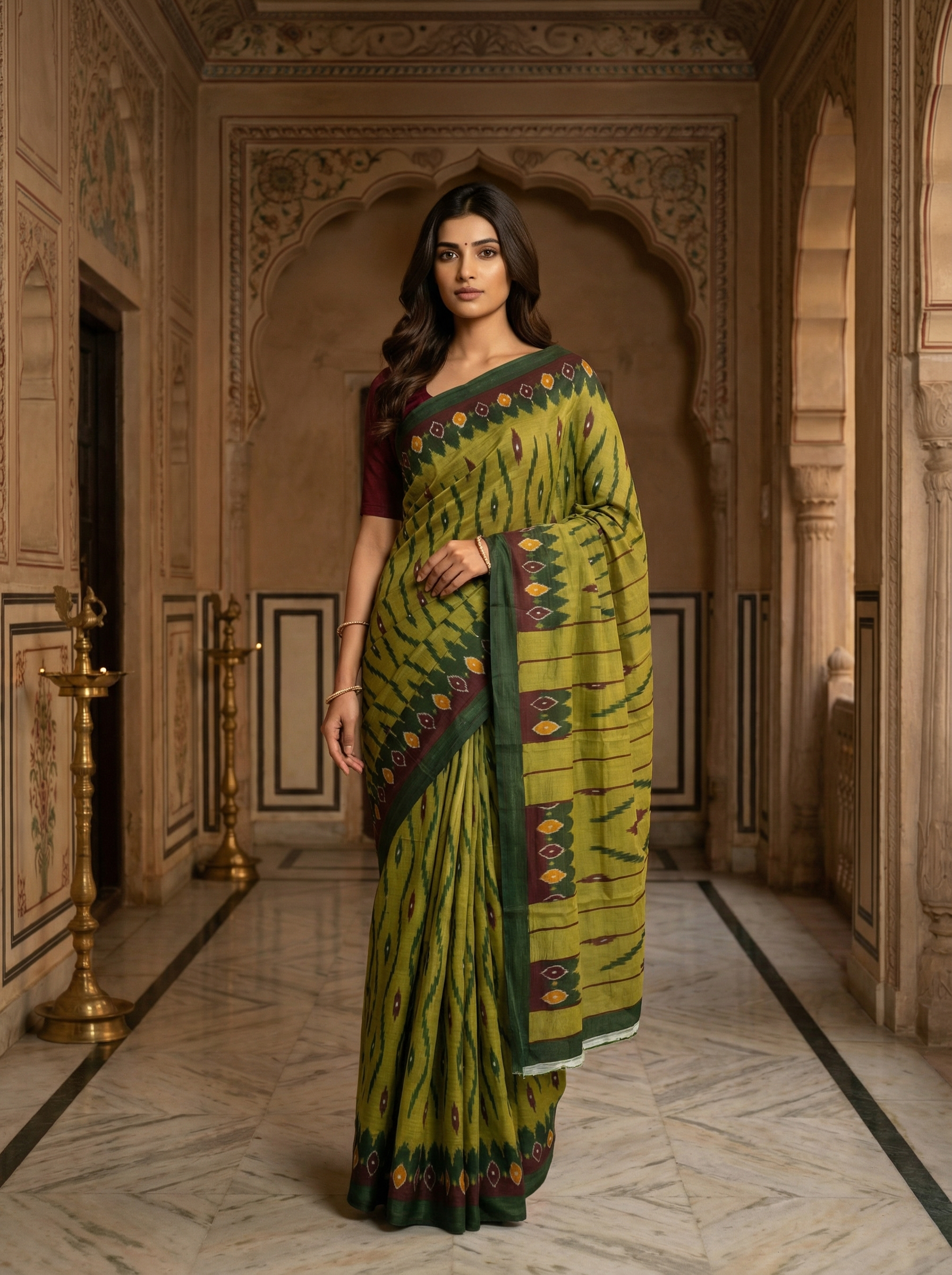 Pear Green Ikat Cotton Saree with Traditional Geometric Motifs