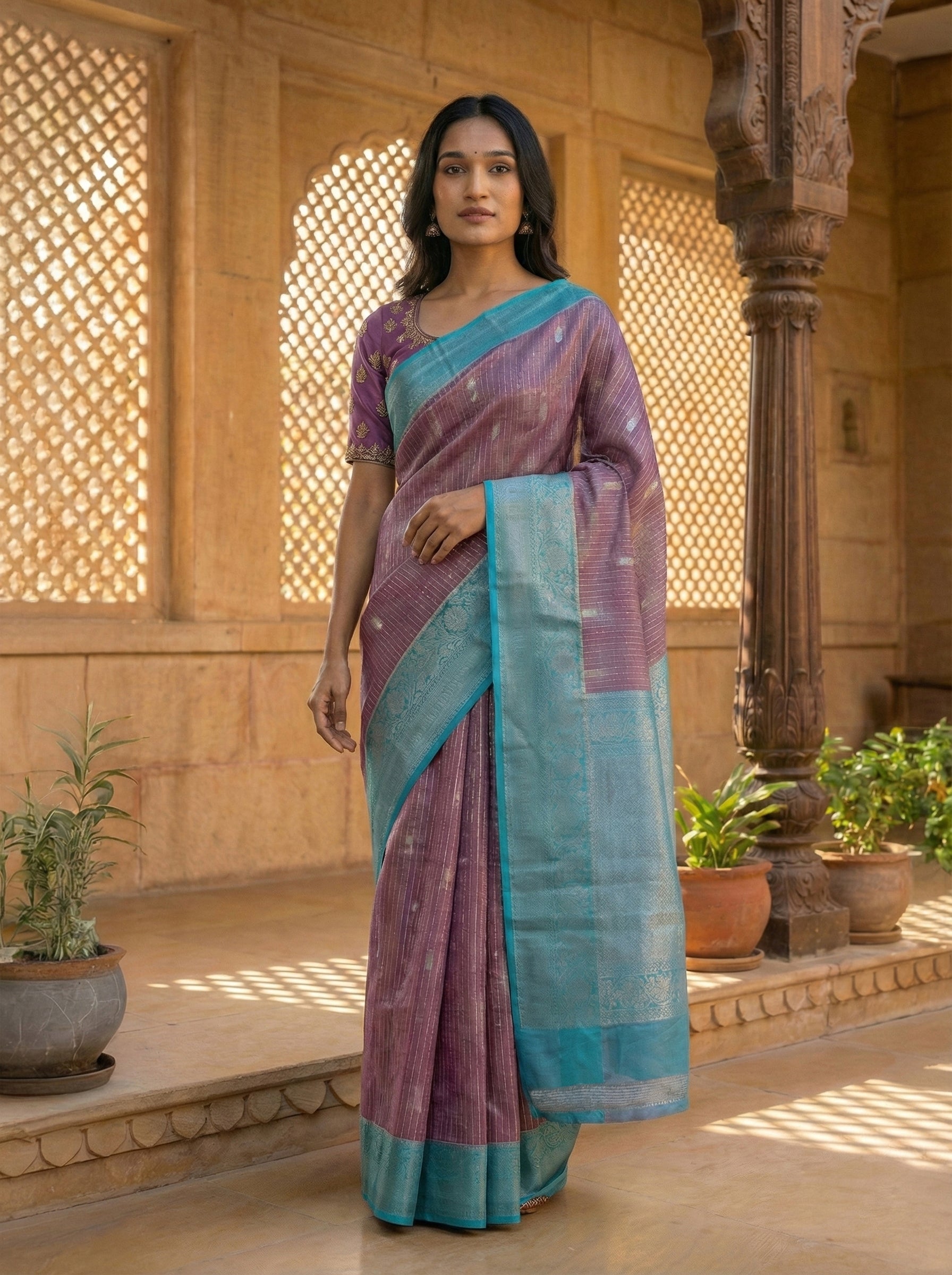 Grape Purple Tissue Sayanora Saree With Sea Blue Zari Border