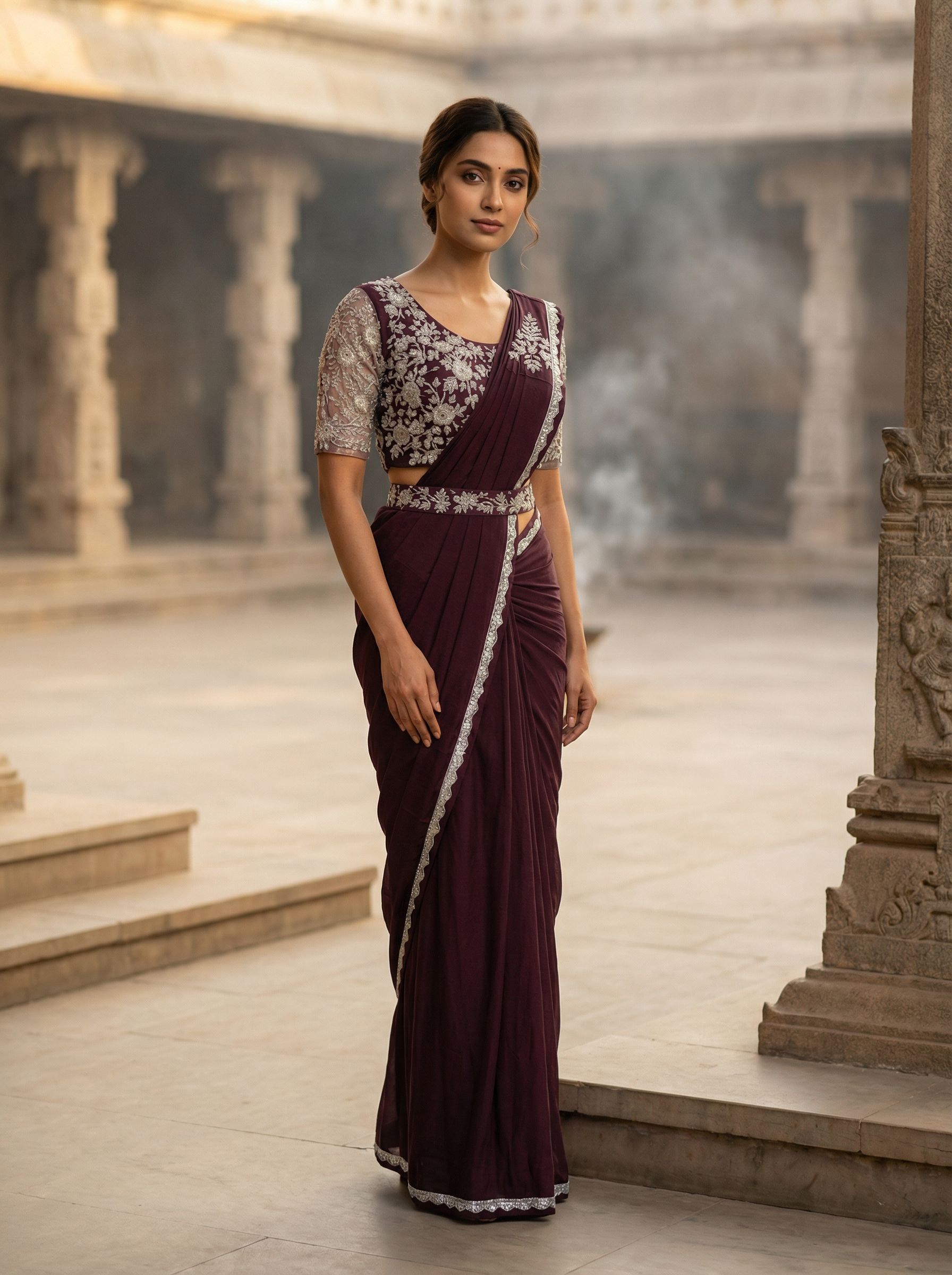 Georgette Beads Wine Saree
