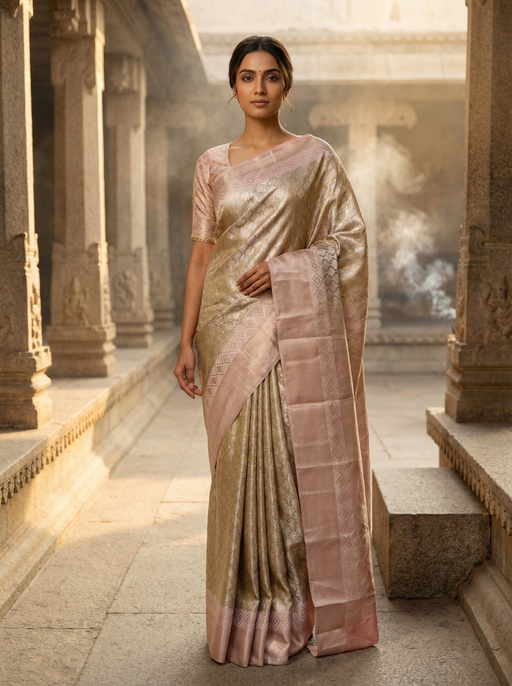 Tissue Semi Silk Saree Royal Gold with Soft Pink Border – Designer Wedding Collection
