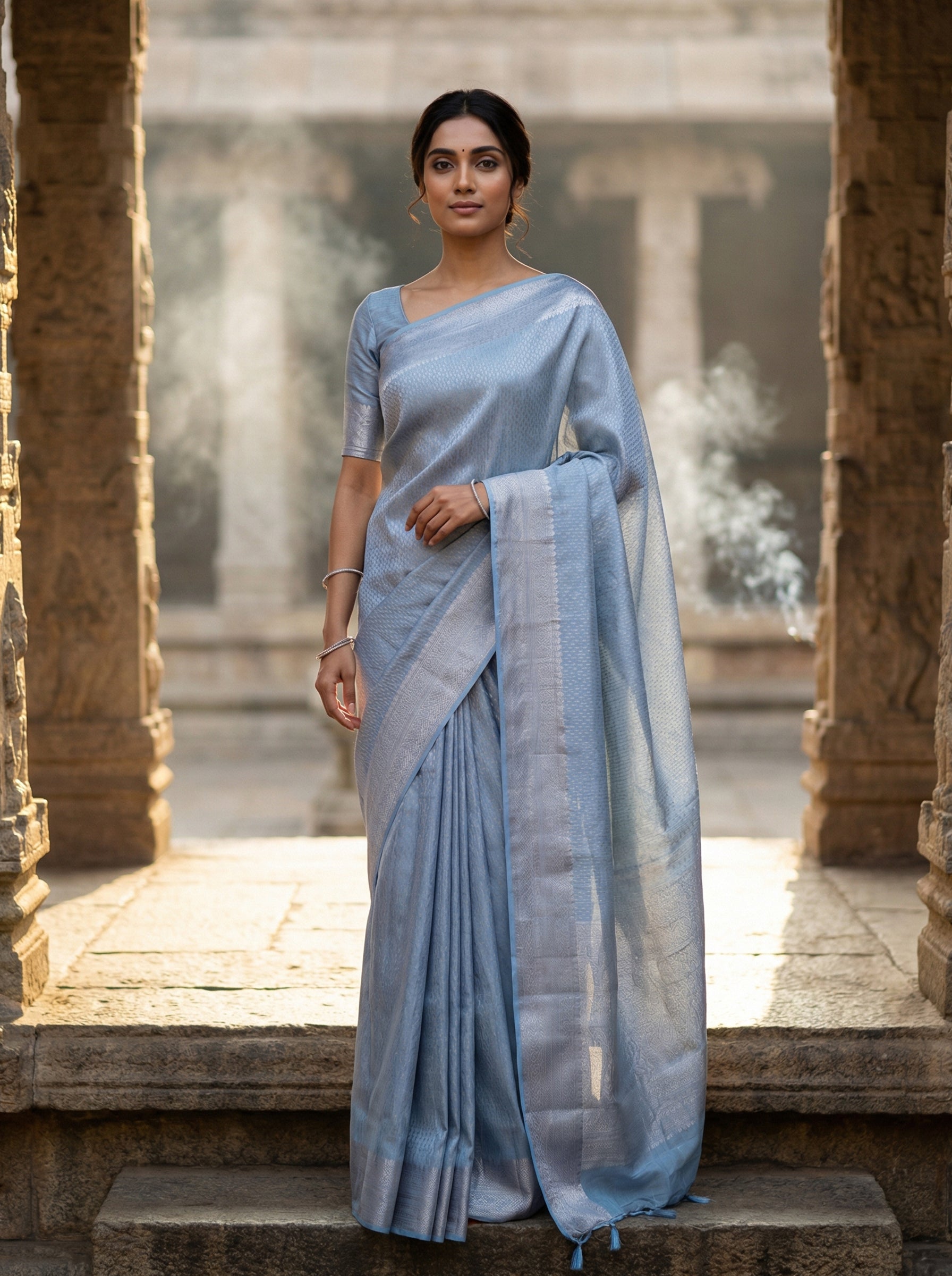 Powder Blue Silk Saree with Subtle Self-Weave and Elegant Finish