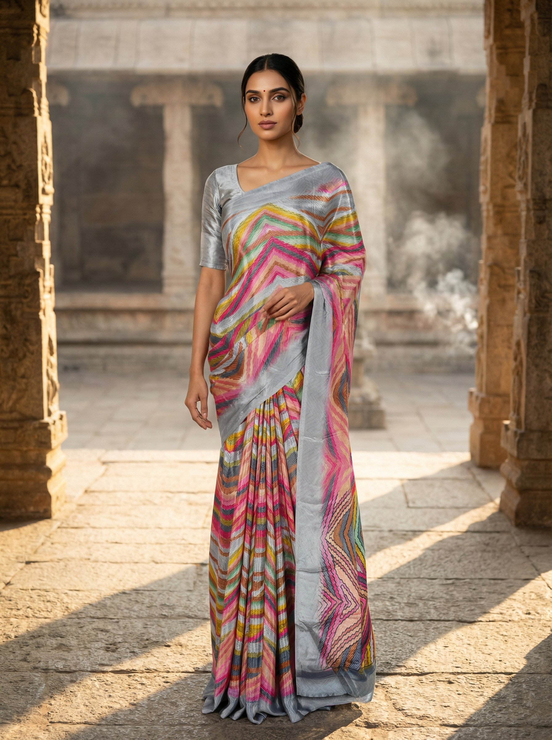 Grey Multicolor Saree with Chevron Pattern Print