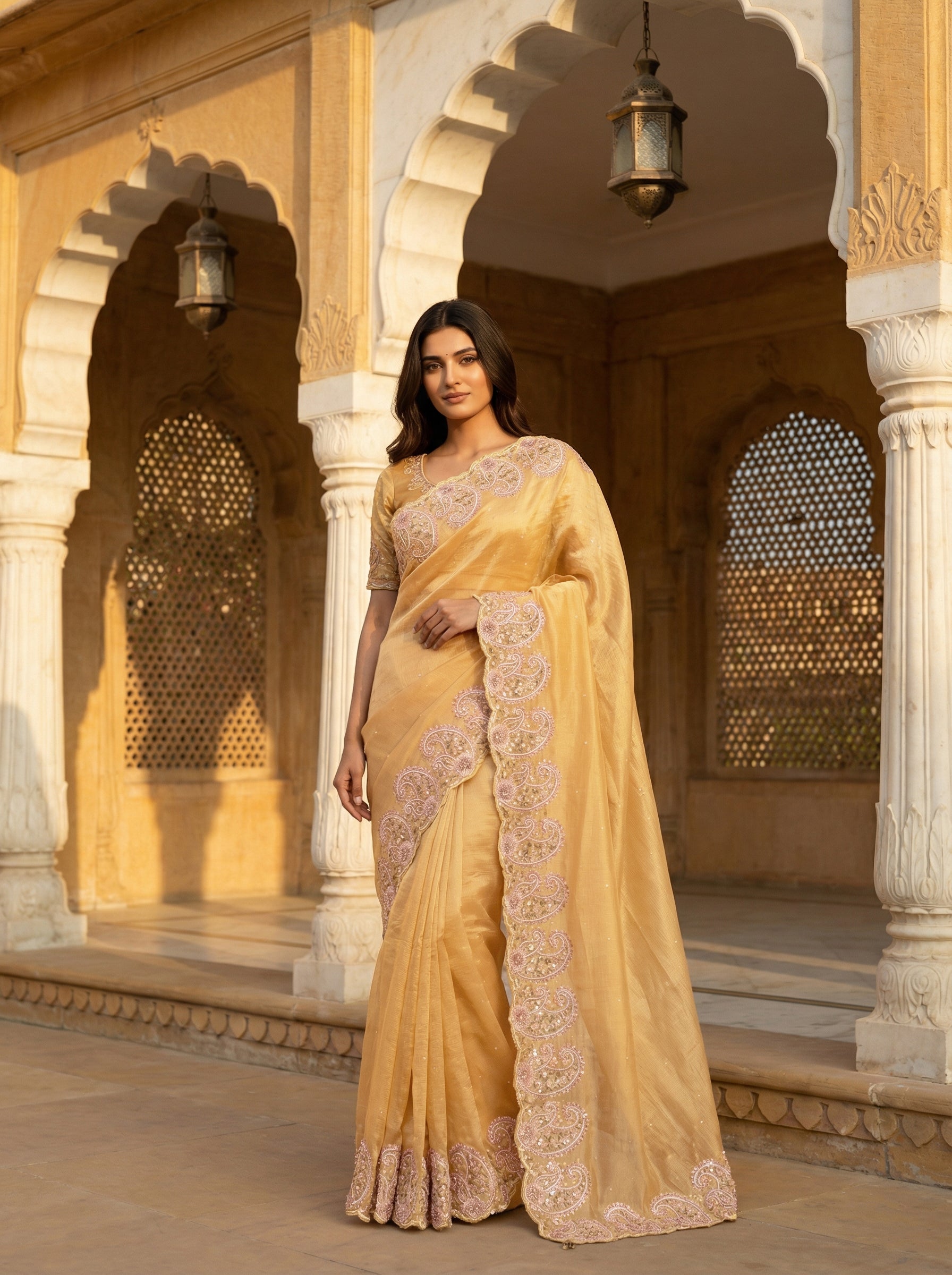 Golden Yellow Designer Organza Saree with Sequence Work & Paisley Embroidered Scalloped Border