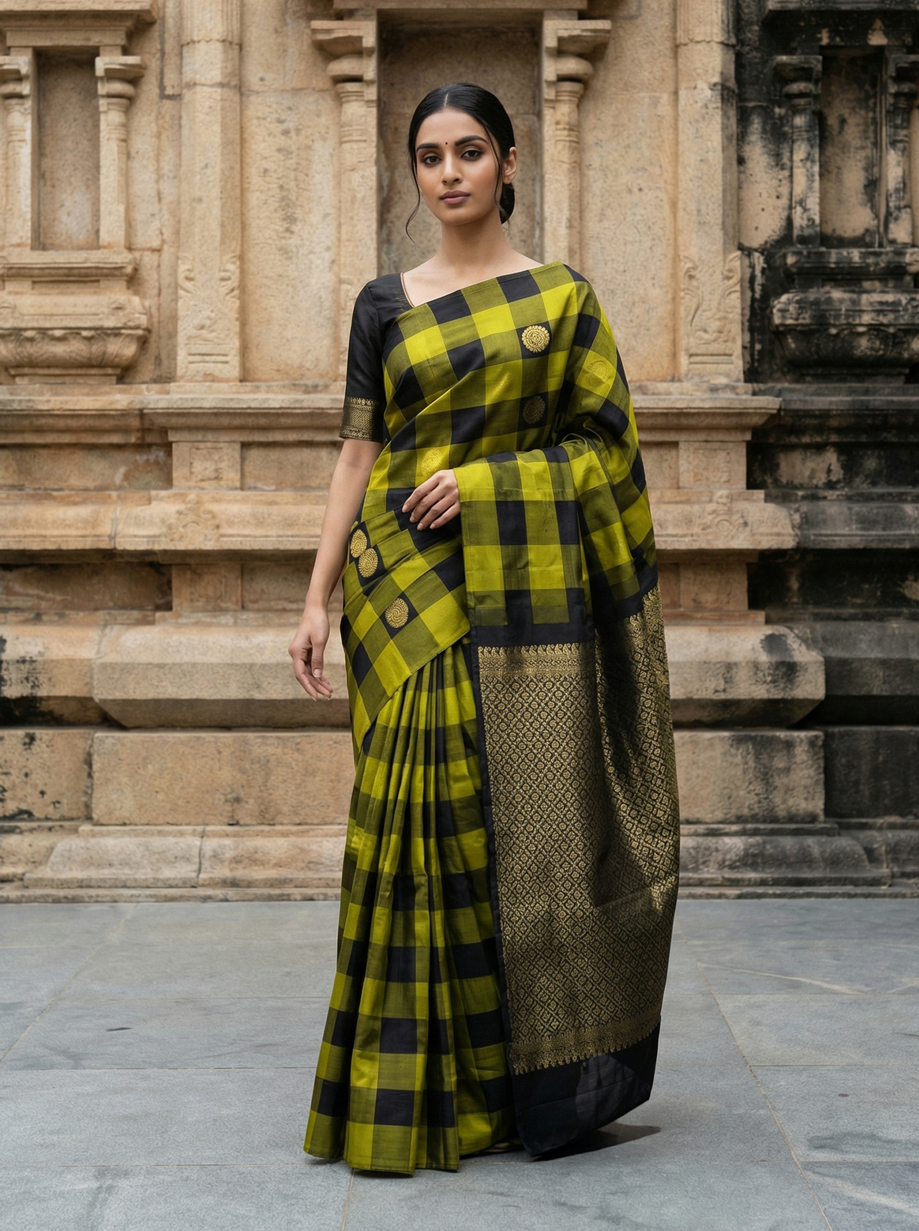 Pure Kancheepuram Silk Saree in Pear Green with Golden Zari – Checked Zari Butta Body