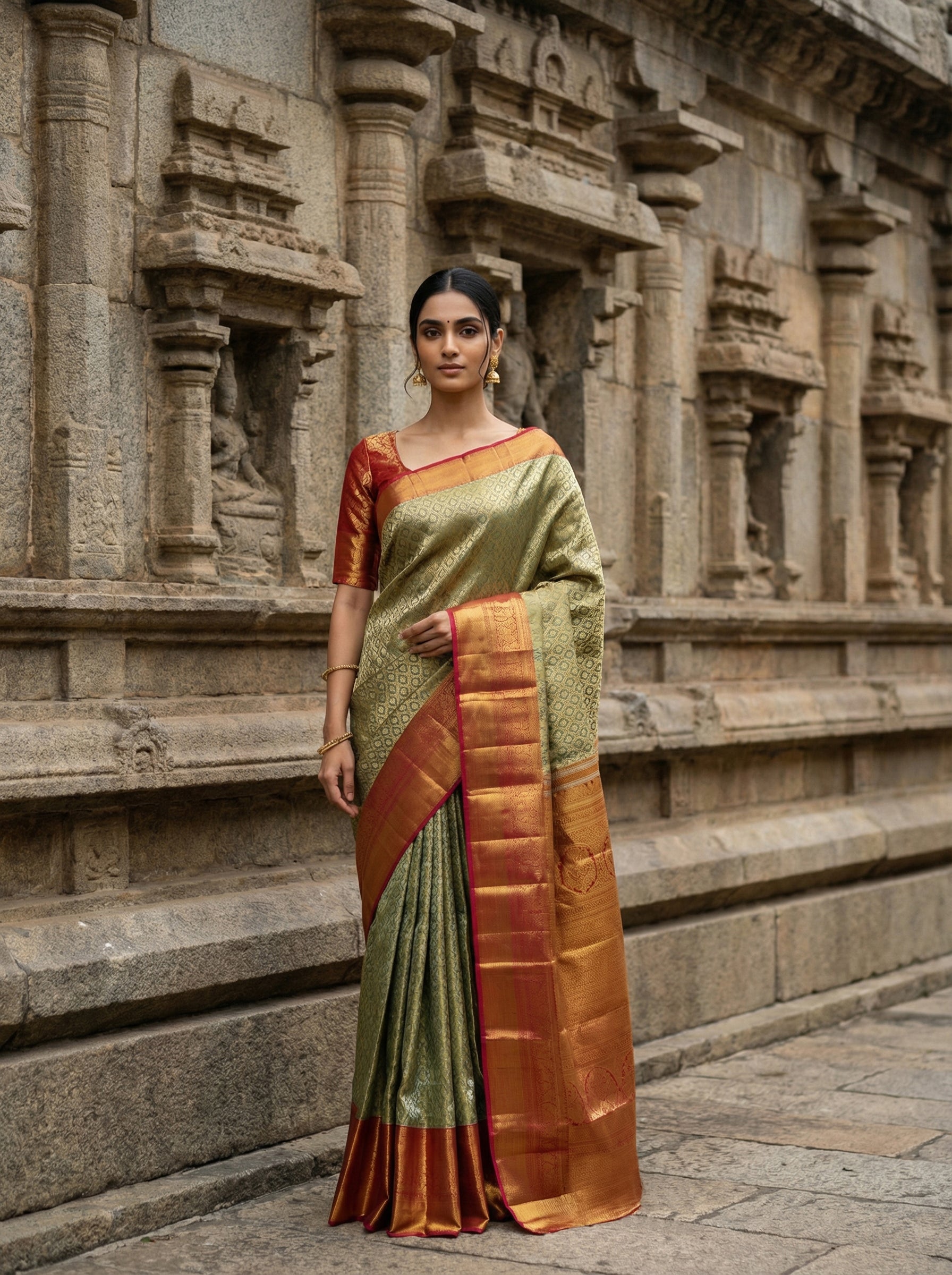 Olive Green & Crimson Red Pure Silk Brocade Saree