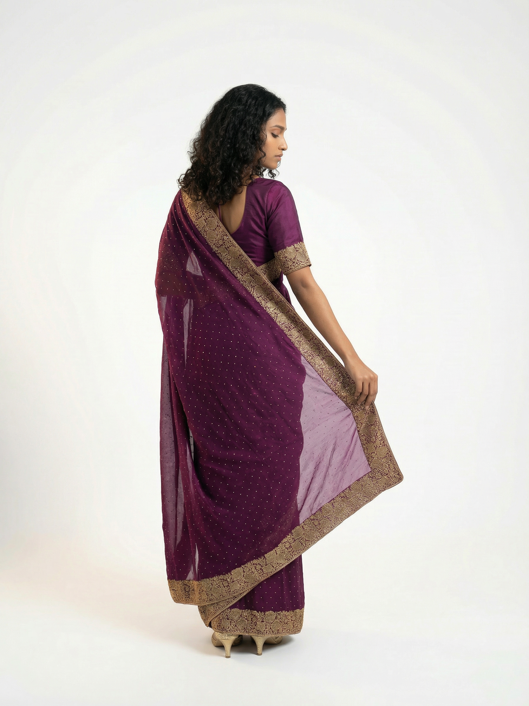 Vijithra Silk Wine Purple Embroidered Saree with Rich Gold Floral Border