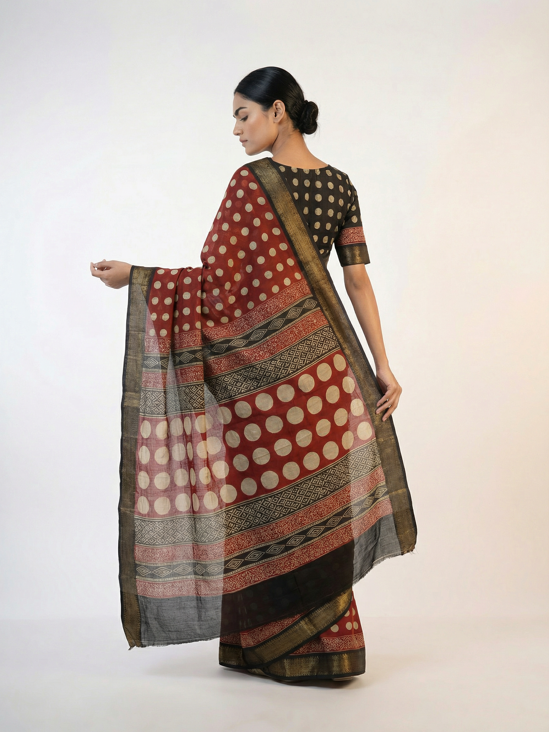 Cotton Red Printed Saree with Polka Dots and Designer Pallu