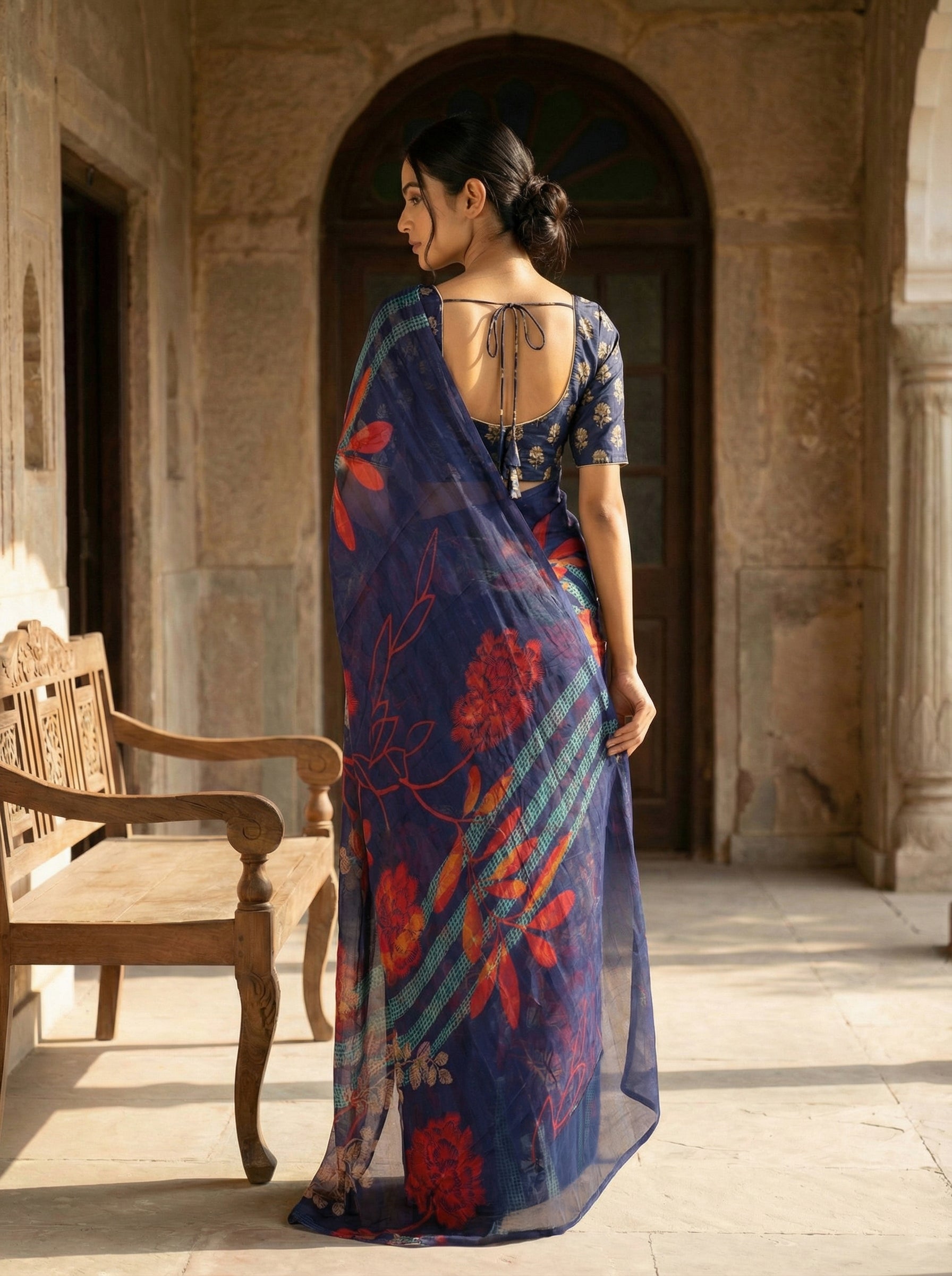 Navy Blue Casual Wear Saree with Floral Print in Polyester Fabric (Borderless Design)
