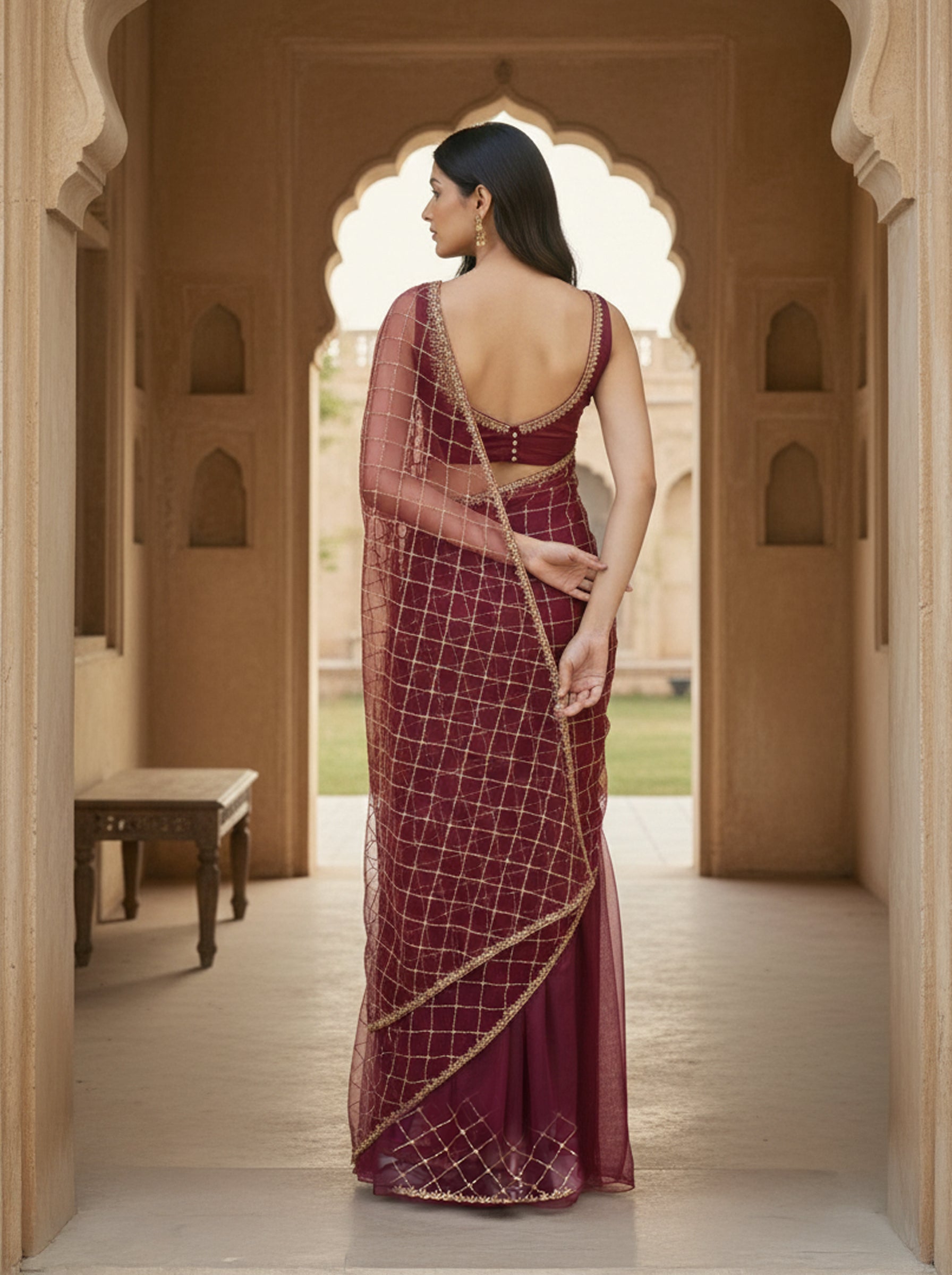 Maroon Designer Net Saree with Heavy Golden Lattice Embroidery & Sequins Work