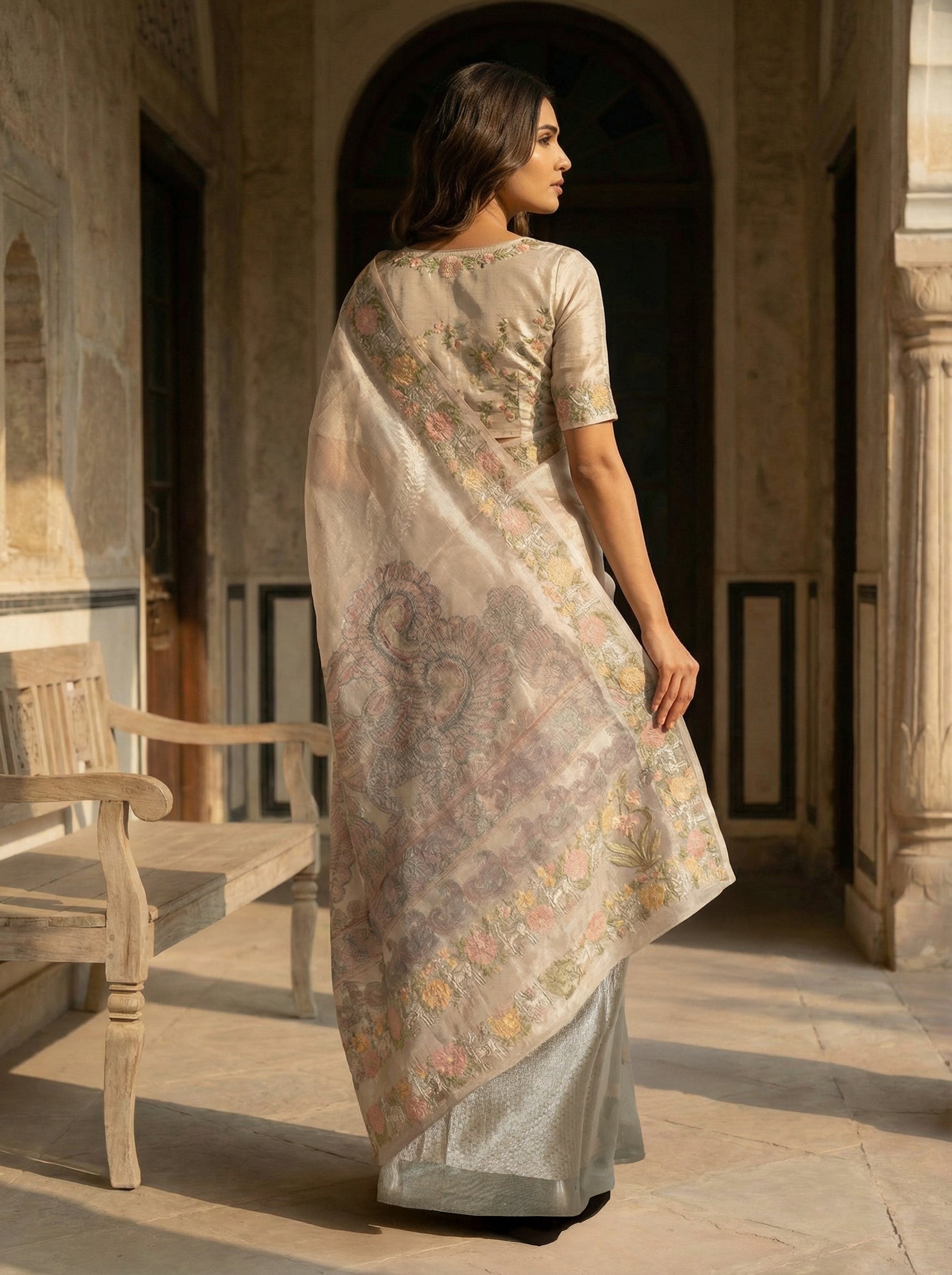 Premium Beige Tissue Designer-Net Kota Saree with Meena Floral Woven Border & Artistic Pallu
