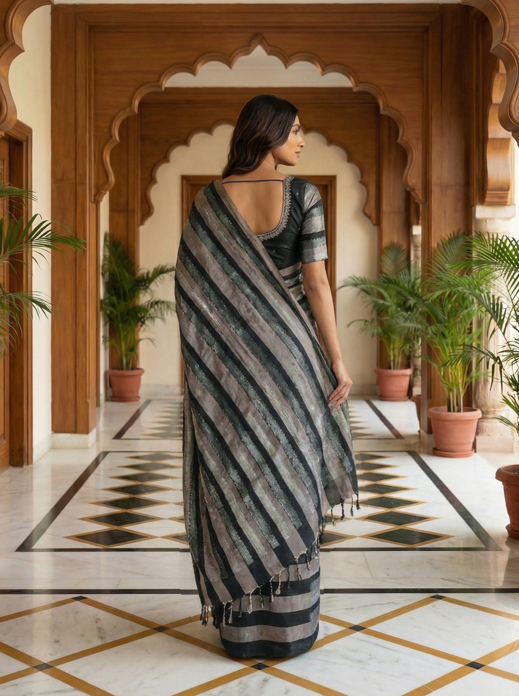 Pure Kancheepuram Silk Saree in Ivory Brown & Black with Silver Zari and Brocade Blouse