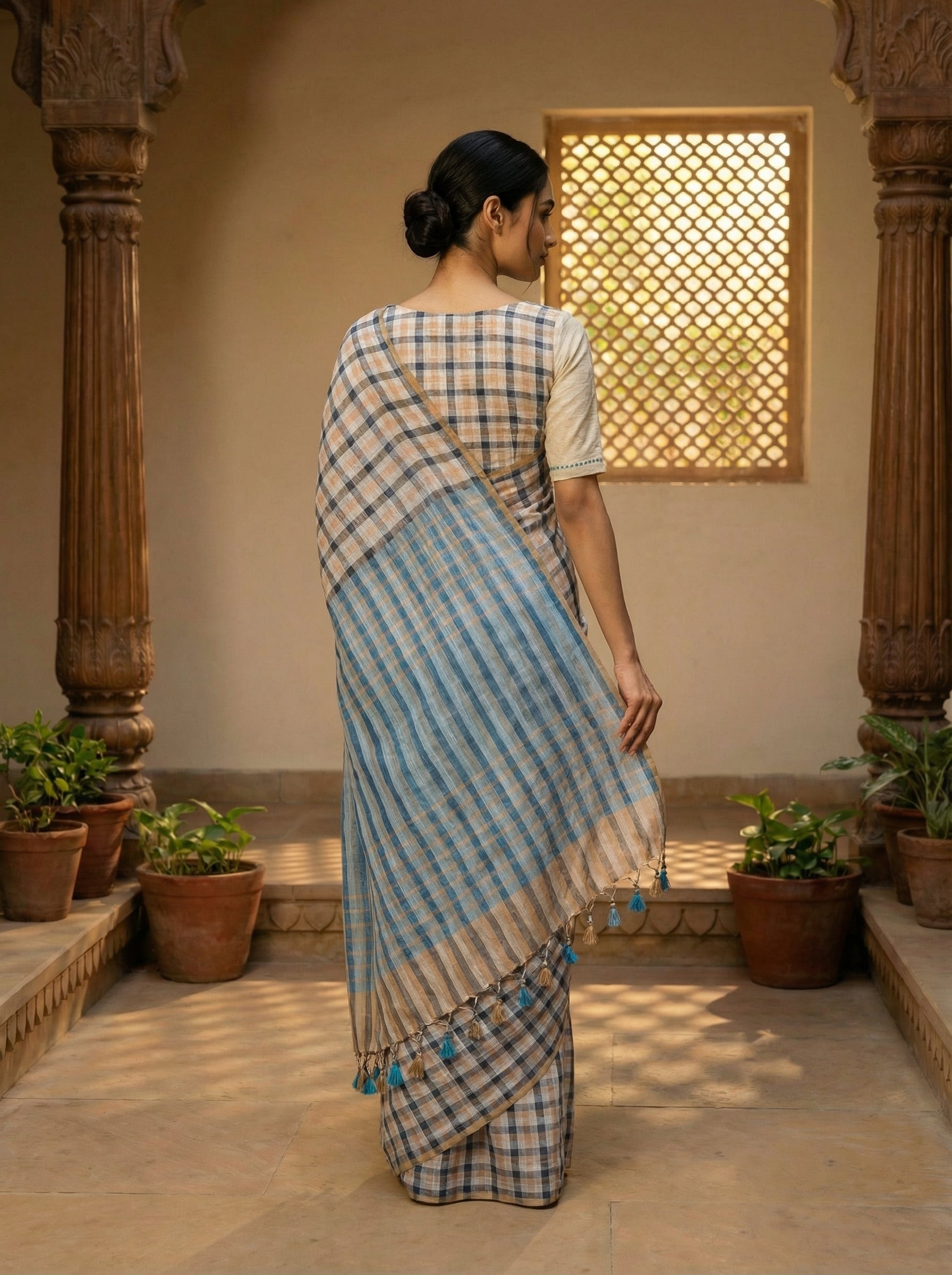 Classic Checked Tusser Silk Saree with Contrast Blue Pallu & Tassels