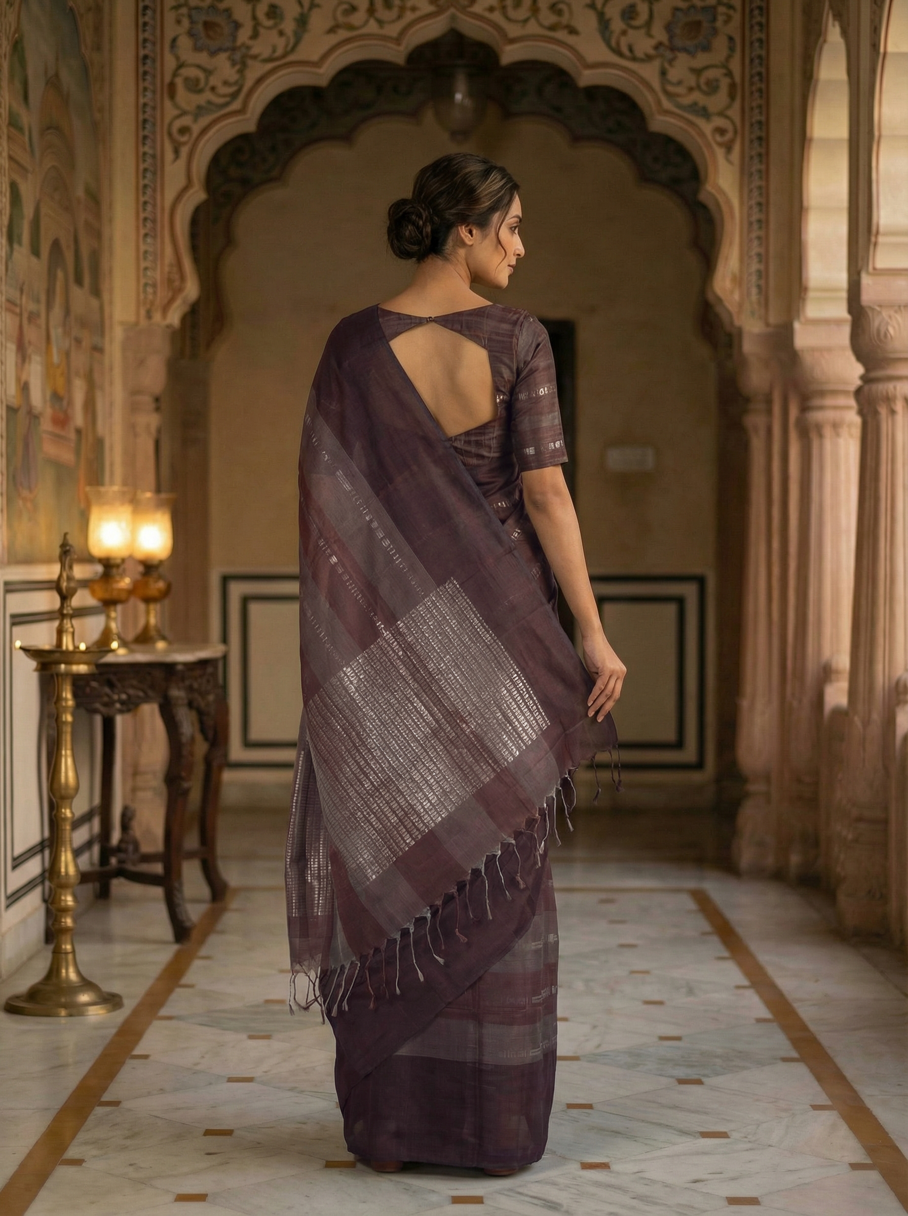 Pure Kancheepuram Silk Saree in Espresso Brown & Ivory Brown with Silver Zari