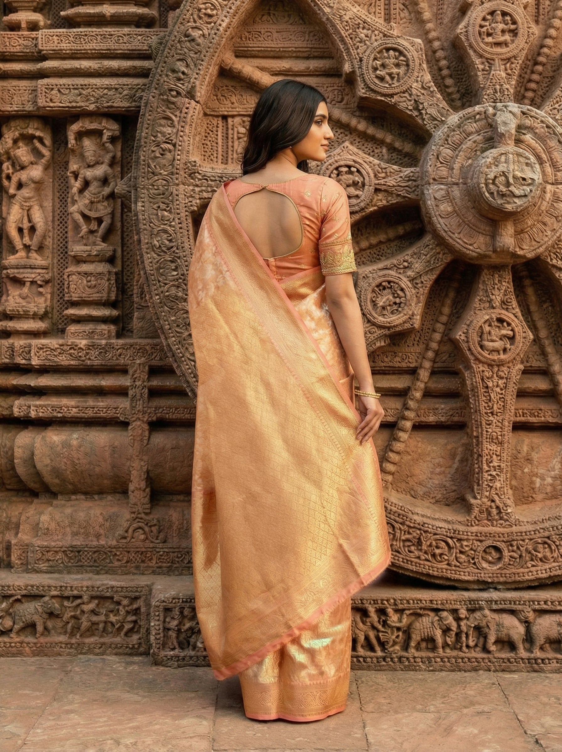 Pure Tissue Kancheepuram Silk Saree in Light Peach with Golden & Silver Zari