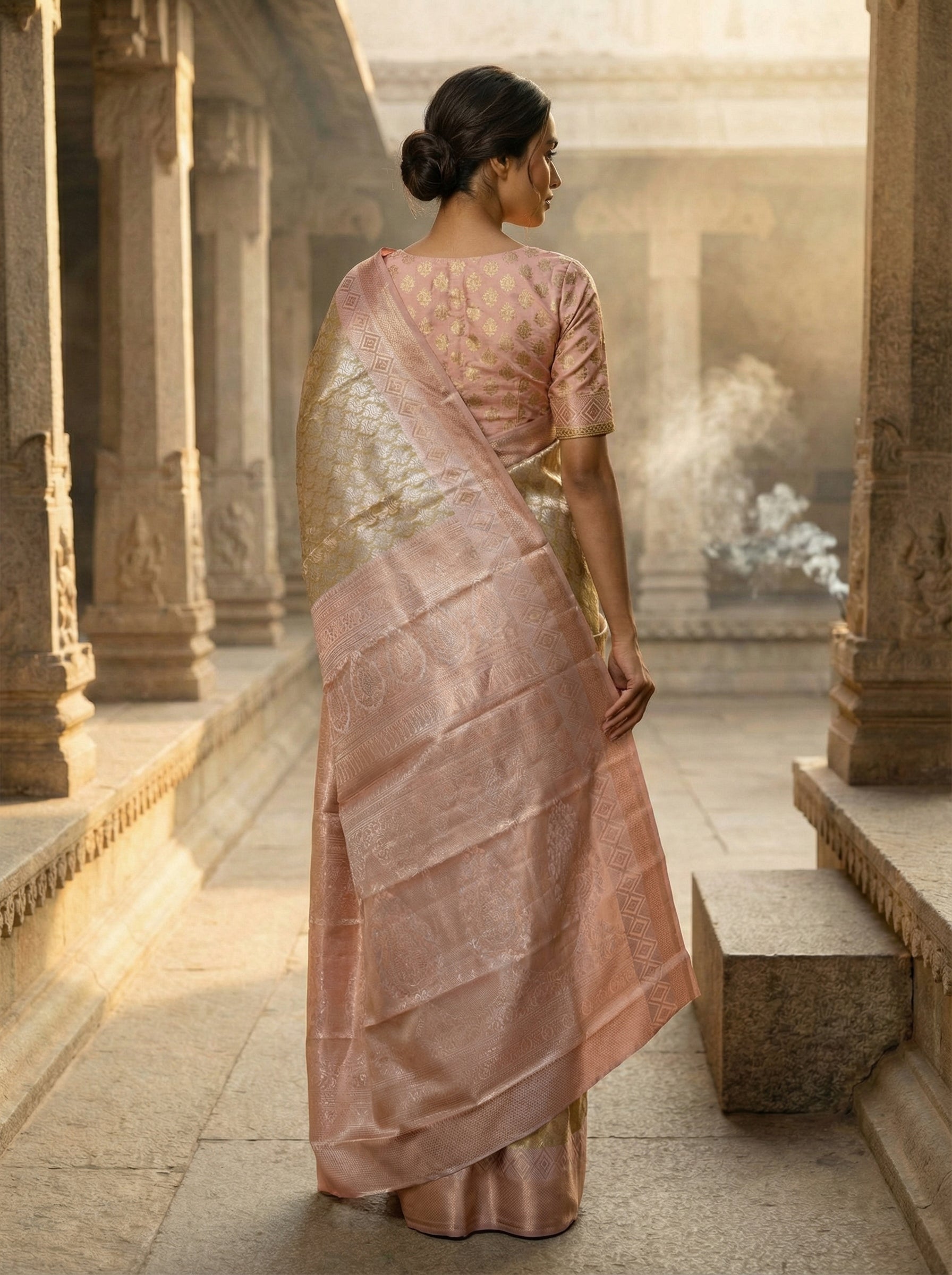 Tissue Semi Silk Saree Royal Gold with Soft Pink Border – Designer Wedding Collection