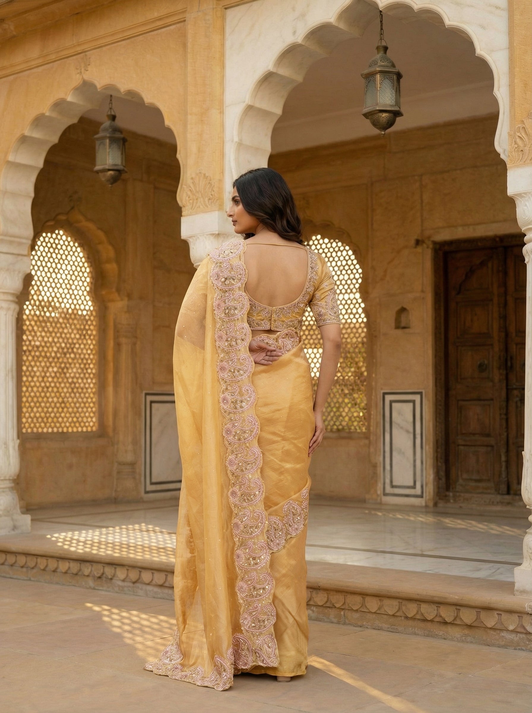 Golden Yellow Designer Organza Saree with Sequence Work & Paisley Embroidered Scalloped Border