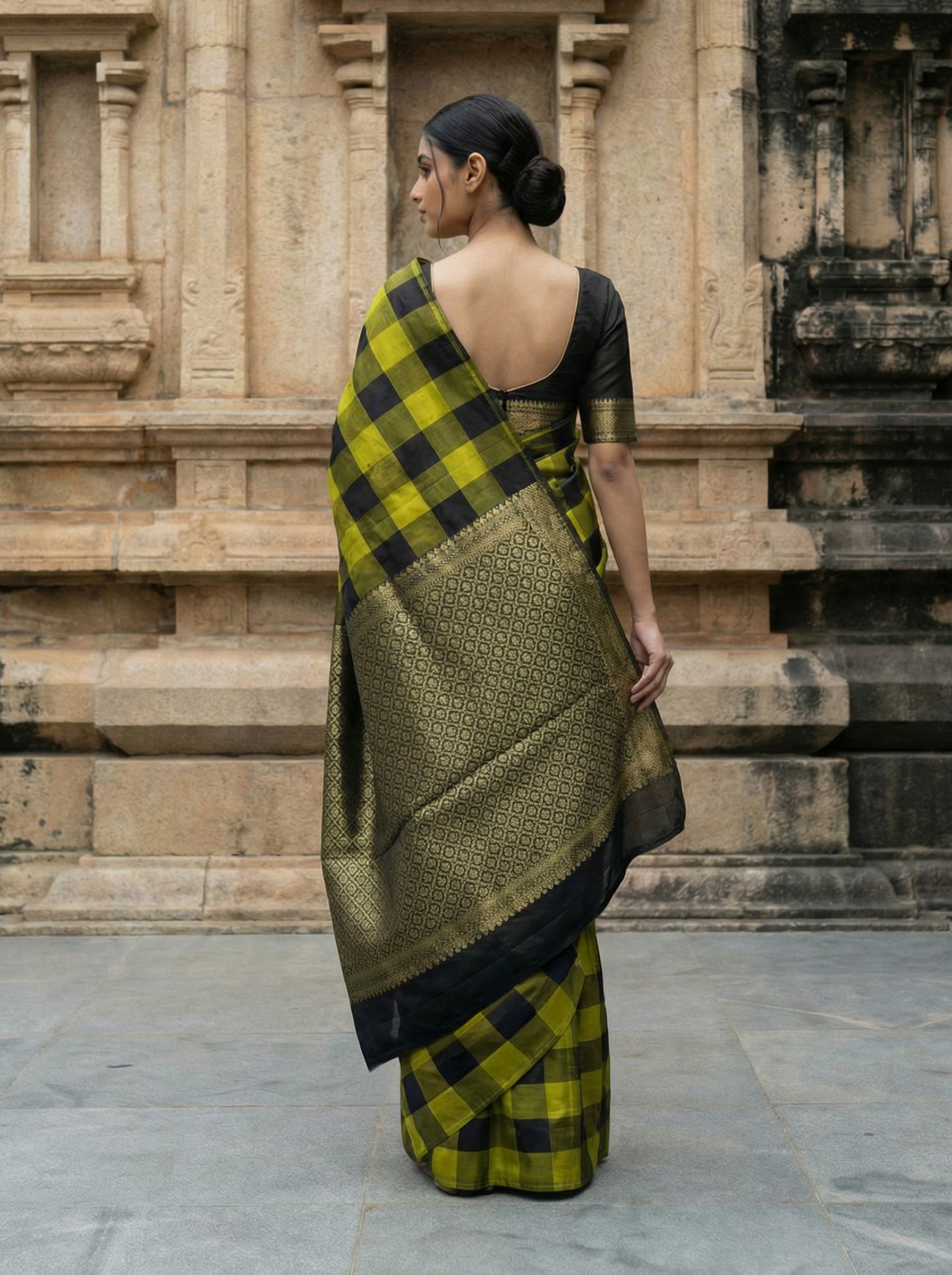 Pure Kancheepuram Silk Saree in Pear Green with Golden Zari – Checked Zari Butta Body