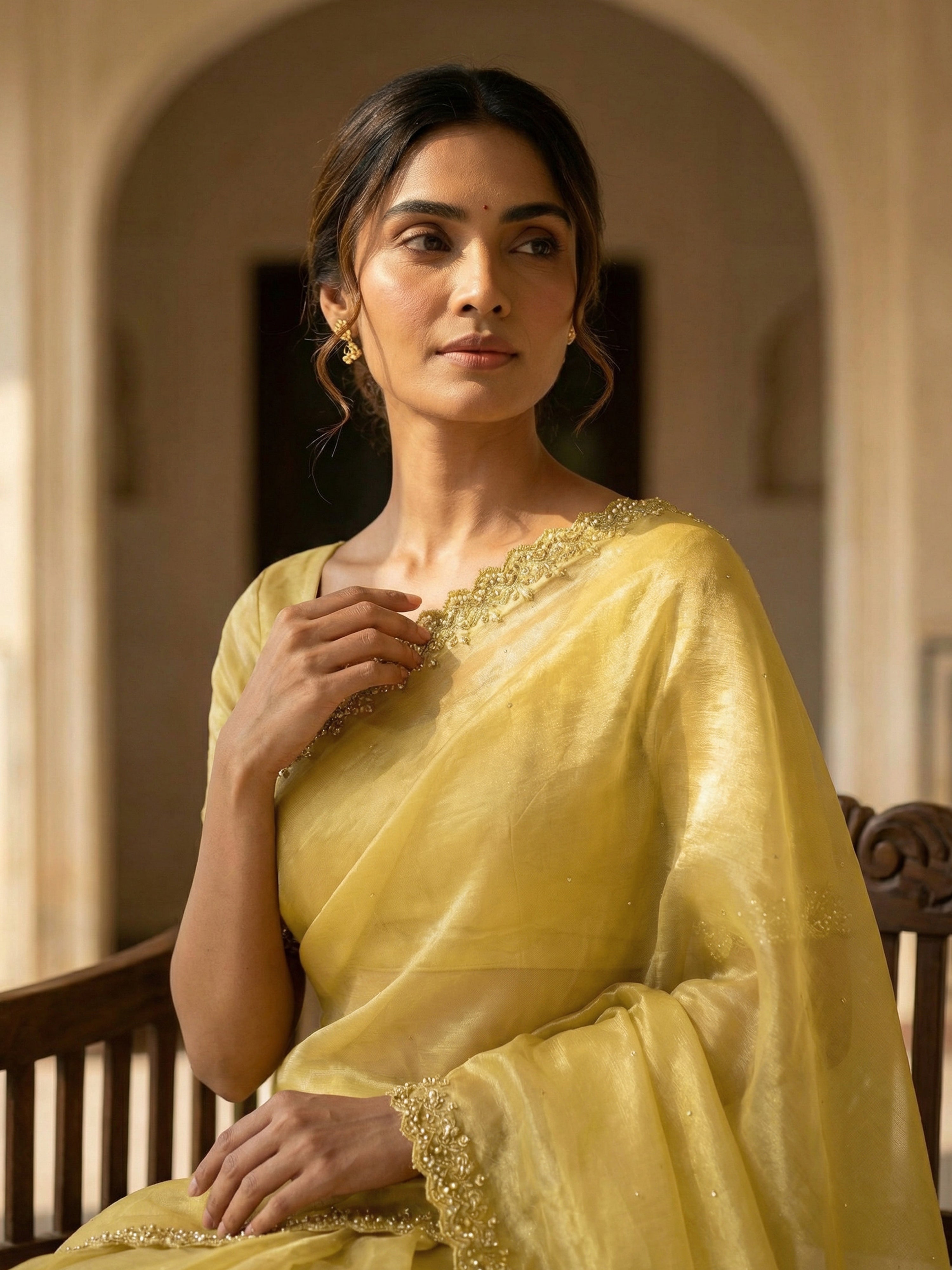 Yellow Designer Organza Saree with Spread Stone Work & Scalloped Stone-Shell Border