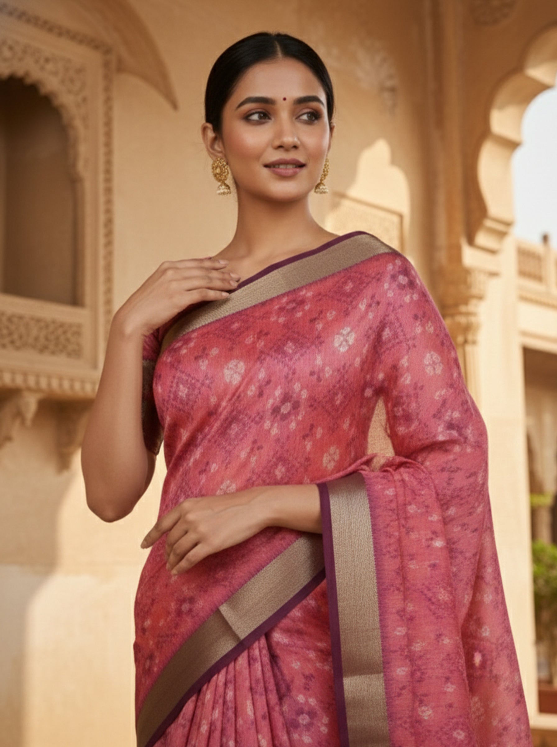 Pink Semi Silk Saree with All-Over Ikat-Inspired Weave and Contrast Zari Border