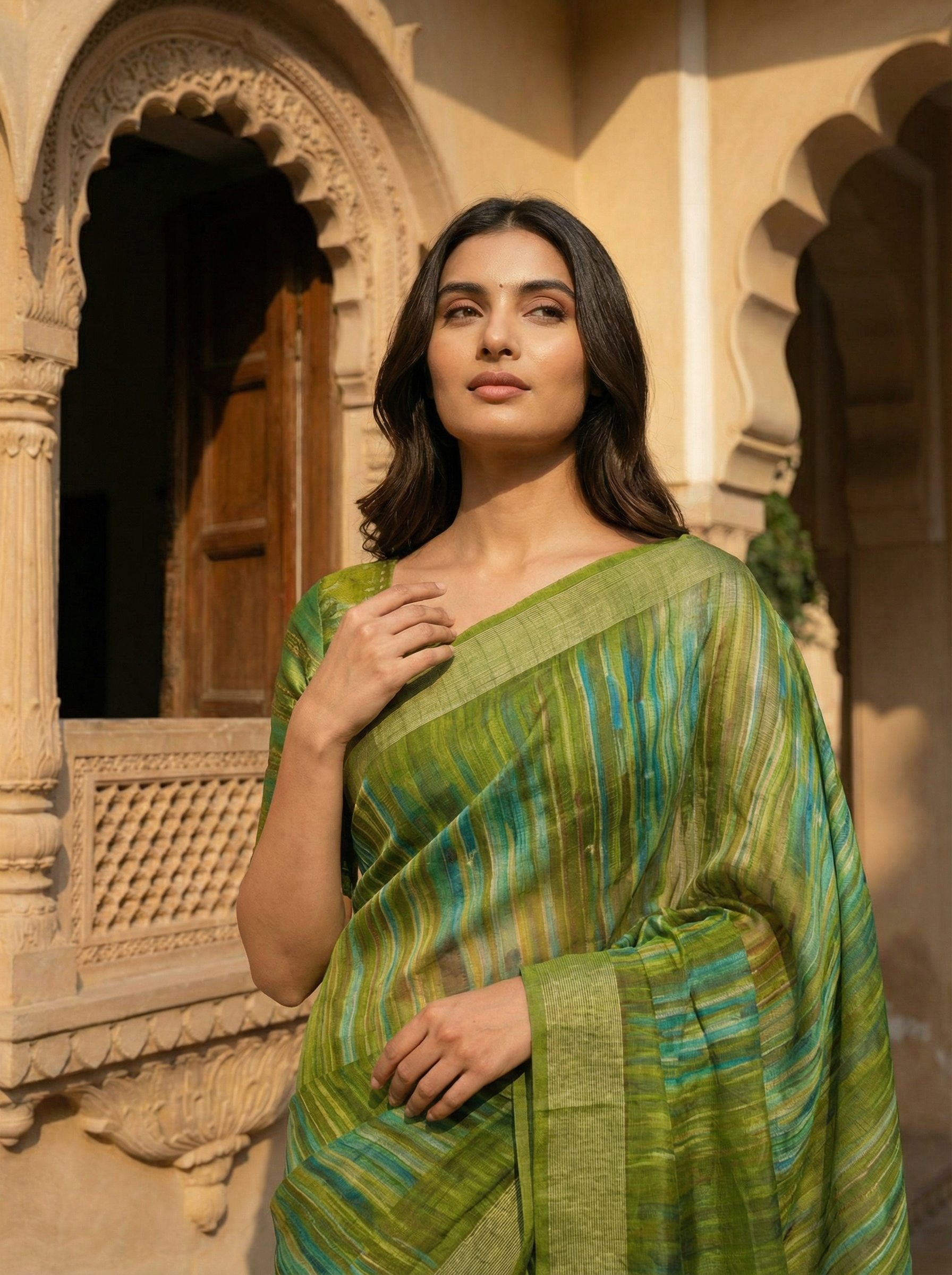 Olive Green Printed Polyester Saree with Contemporary Flow Design