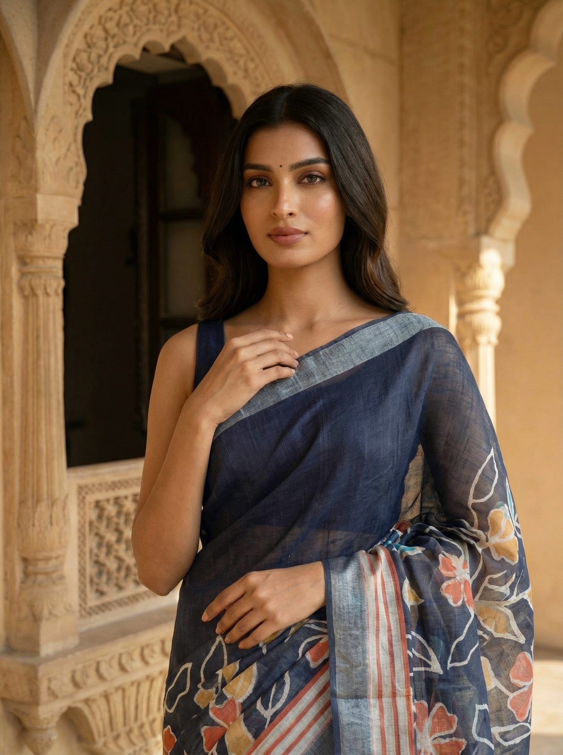 Navy Blue Floral Printed Saree with Contrast Striped Border