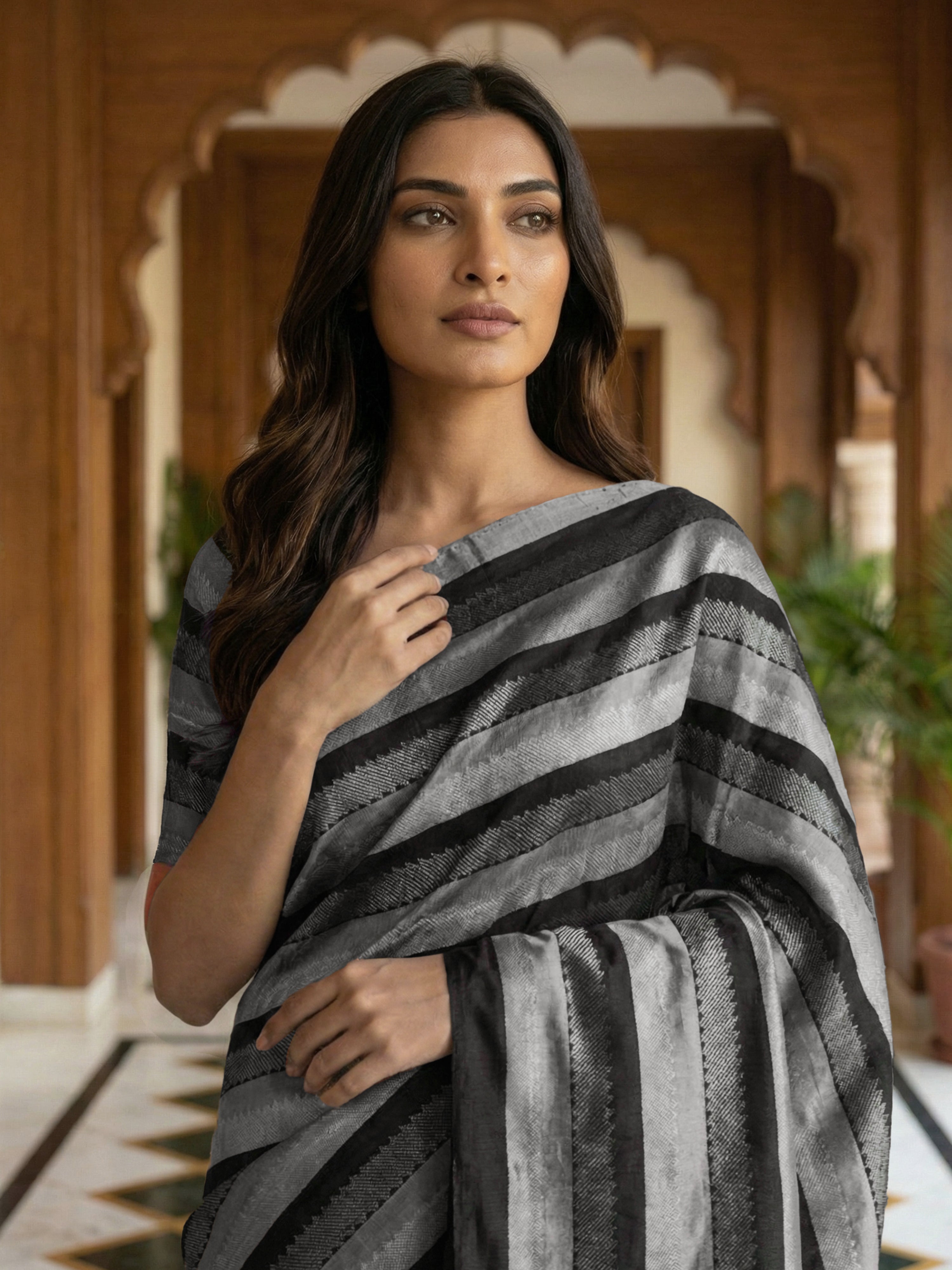 Pure Kancheepuram Silk Saree in Ivory Brown & Black with Silver Zari and Brocade Blouse